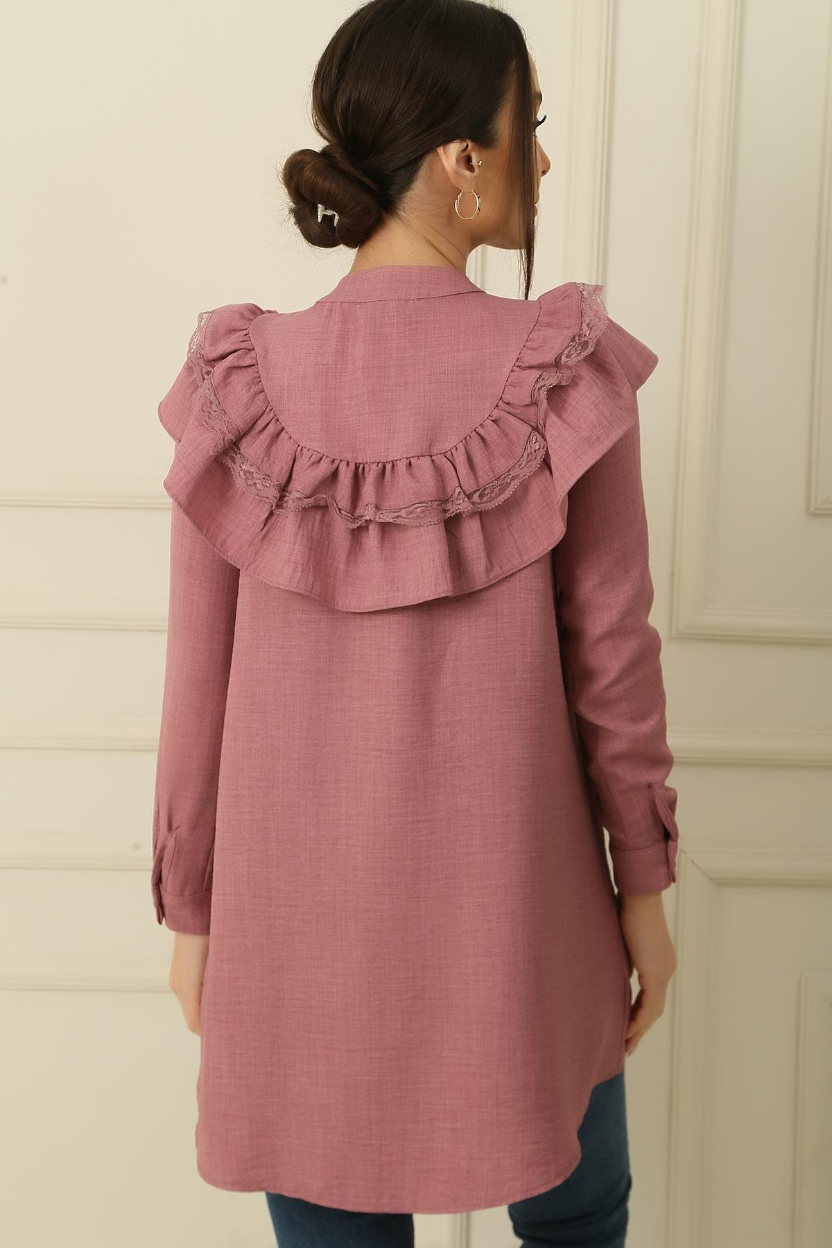 S-24K4160003Linen Tunic Front Lace Flounces Buttoned Shirt Collar