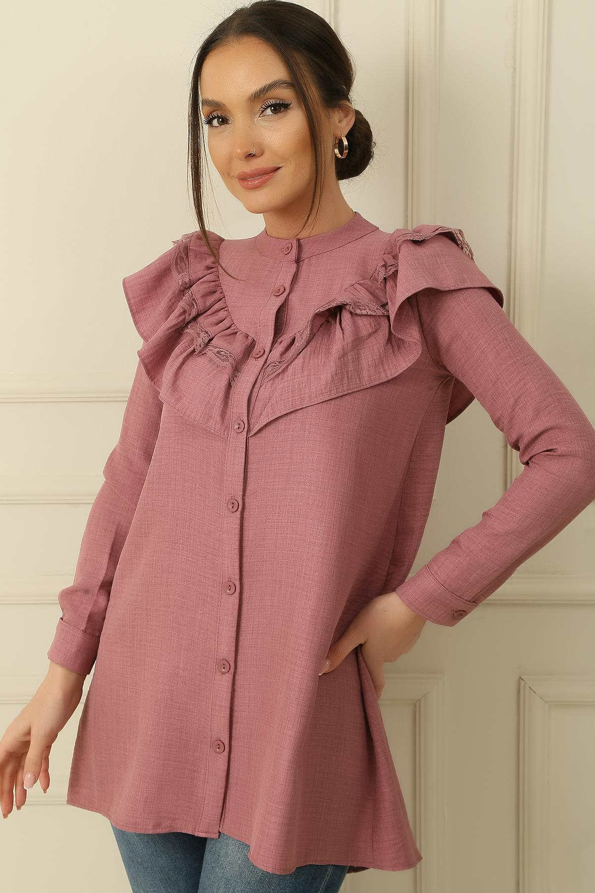 S-24K4160003Linen Tunic Front Lace Flounces Buttoned Shirt Collar