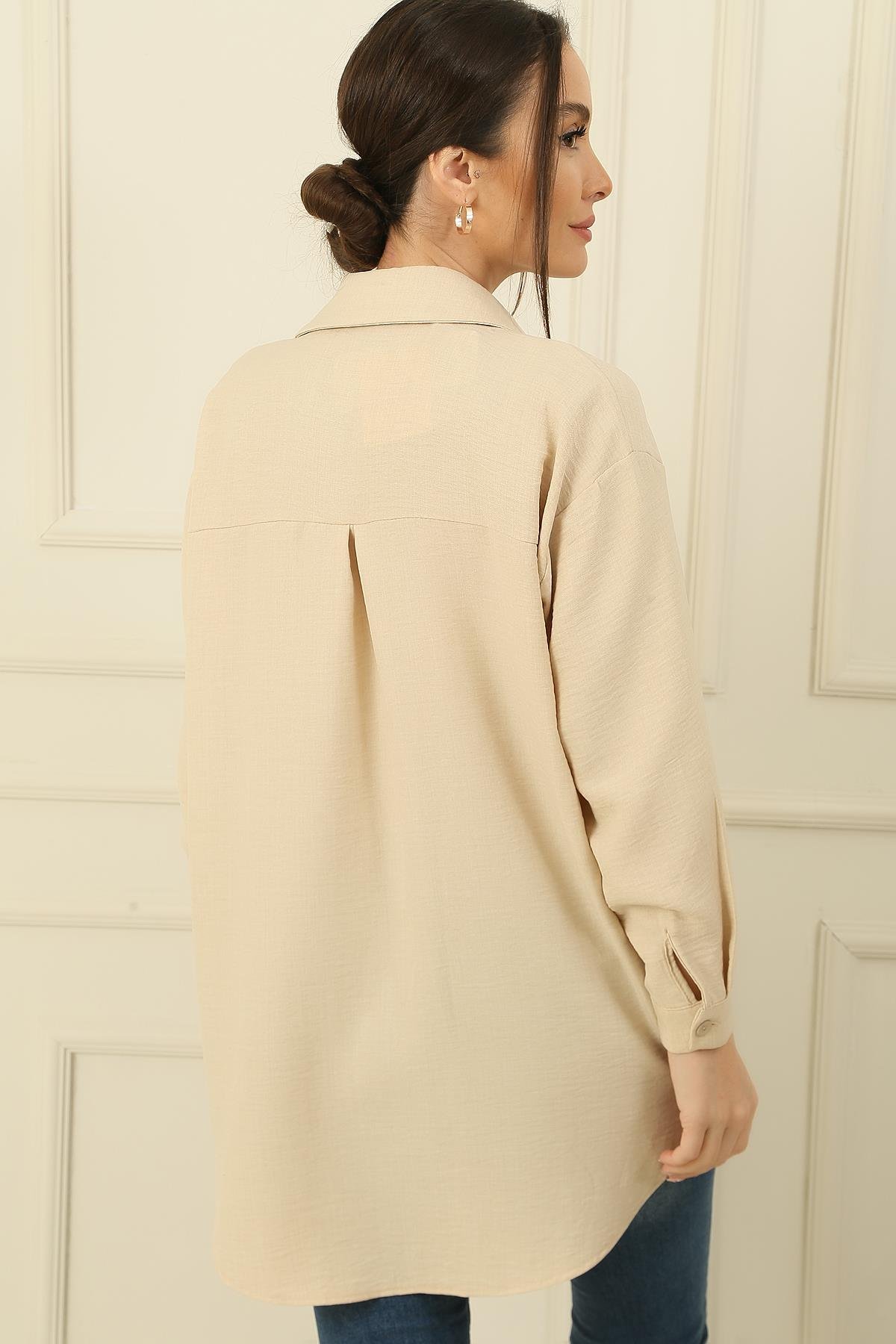 S-24K4160004Tunic Shirt Collar Buttoned Front With Pearl Necklace