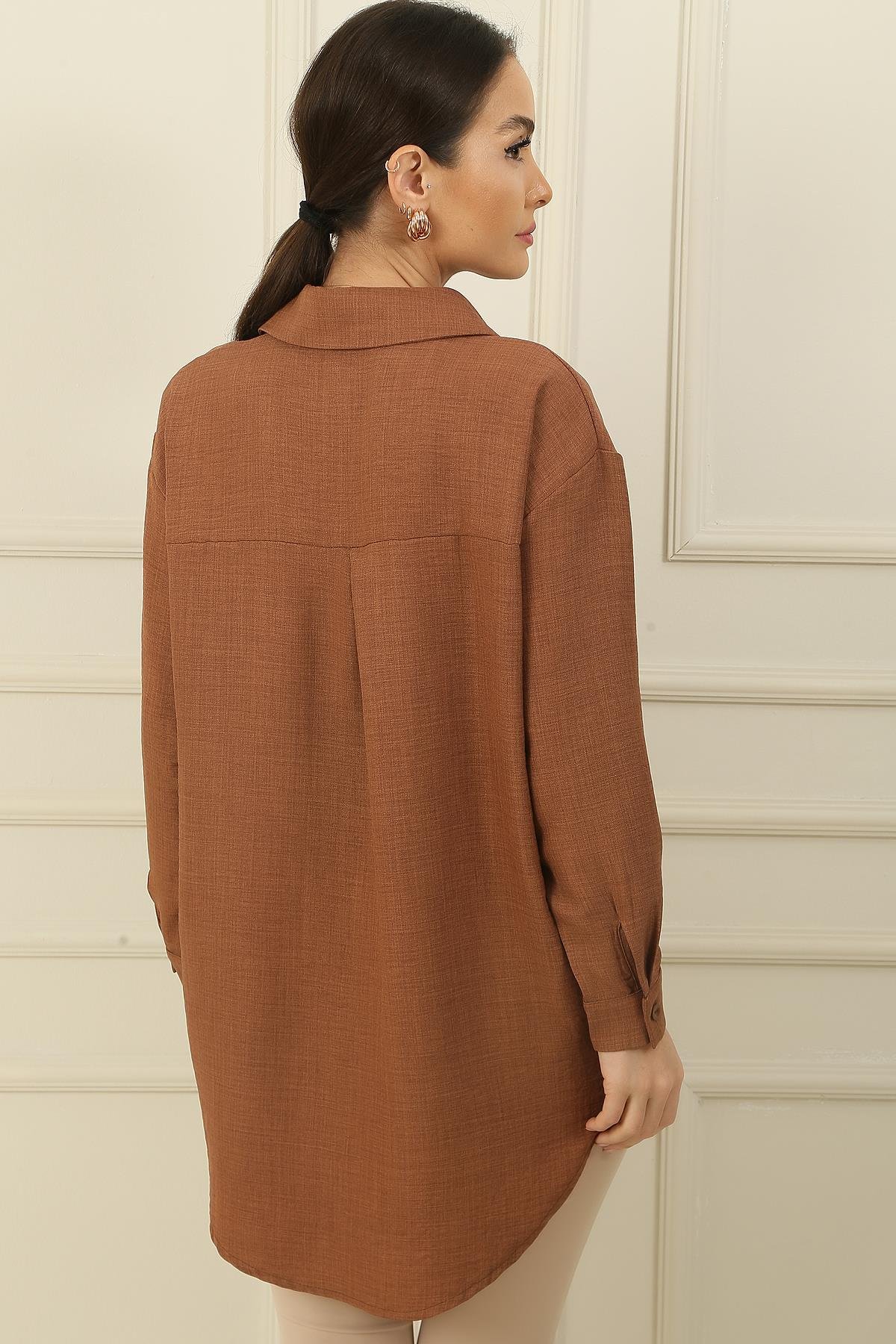 S-24K4160006İnci-Taş Detaylı Keten Efekt Gömlek