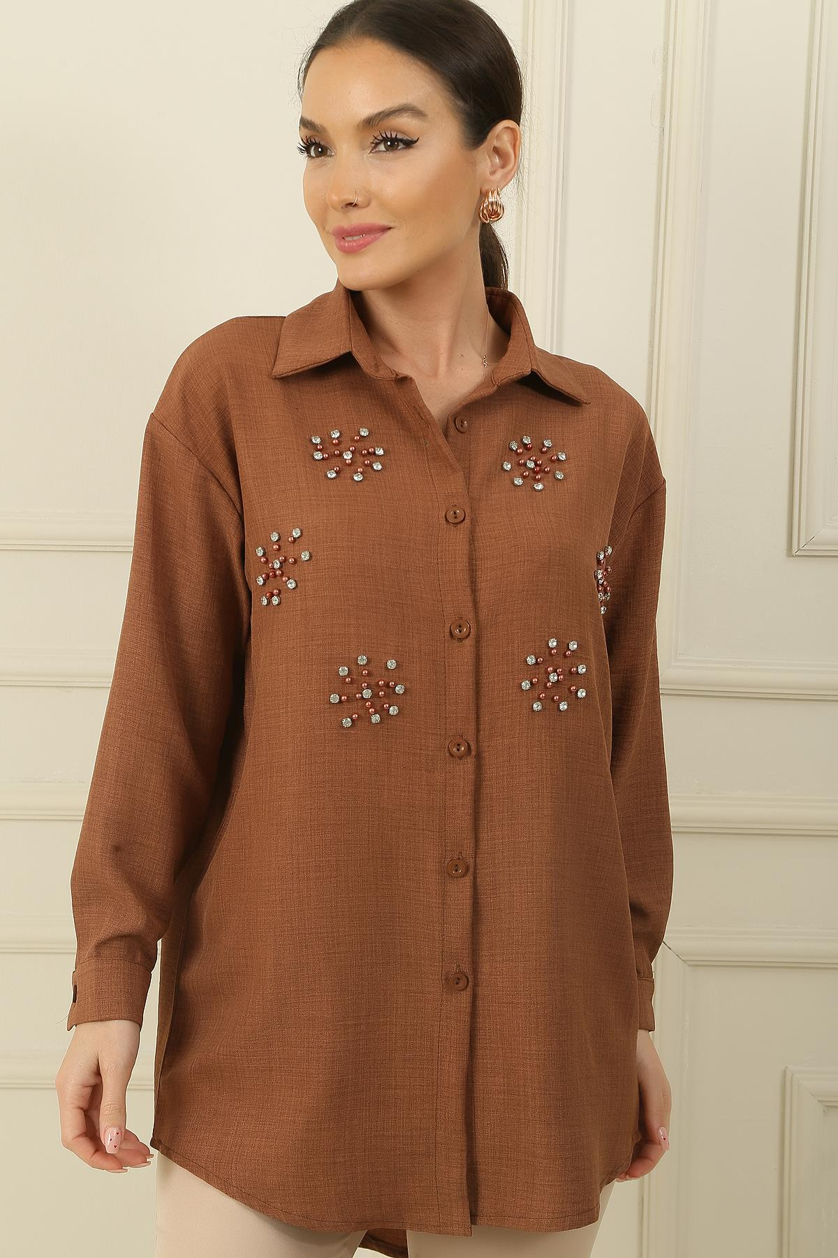 S-24K4160006İnci-Taş Detaylı Keten Efekt Gömlek