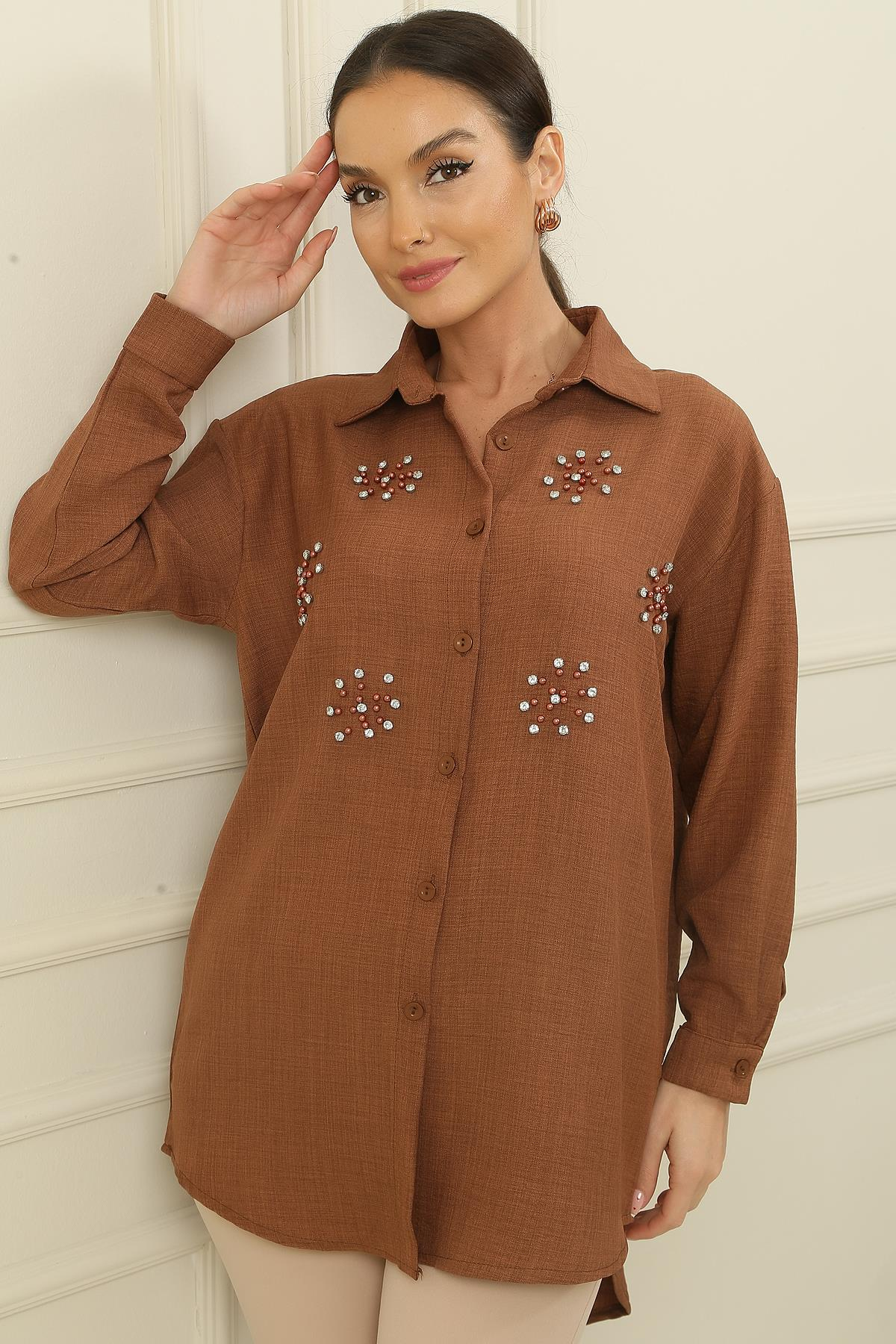 S-24K4160006İnci-Taş Detaylı Keten Efekt Gömlek