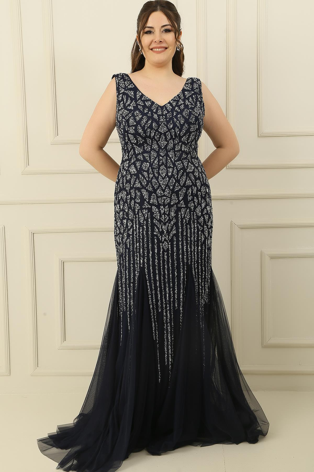 S-24K4240001Front And Rear V-Neck Stone Embroidered Long Dress Tie Back Primed To A Large Body Of