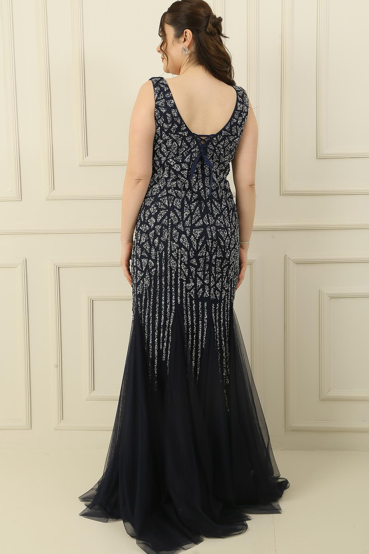 S-24K4240001Front And Rear V-Neck Stone Embroidered Long Dress Tie Back Primed To A Large Body Of