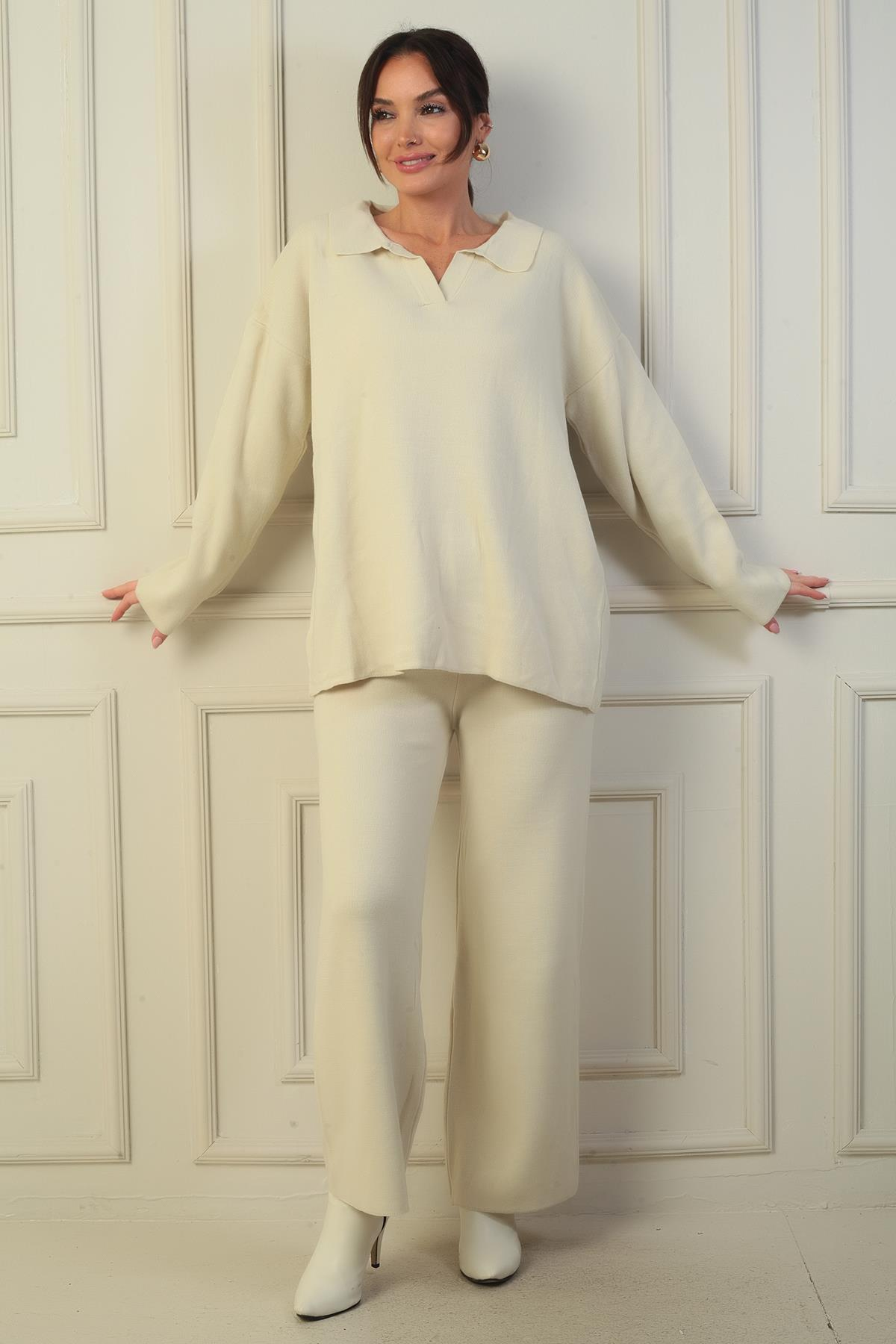 S-24Y0080001Polo Yaka Kazak Beli Lastikli Palazzo Pantolon Triko 2'li Takım