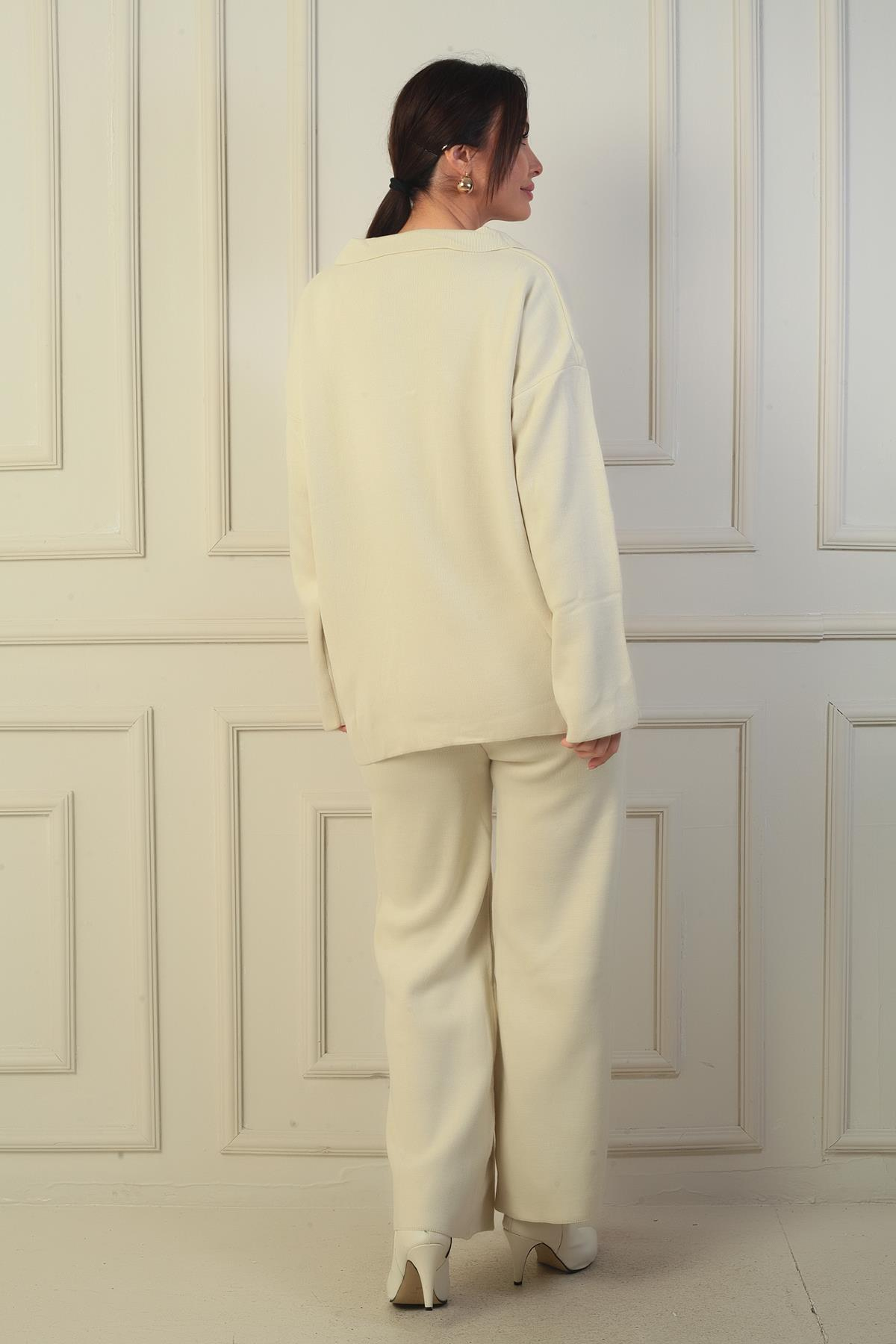 S-24Y0080001Polo Yaka Kazak Beli Lastikli Palazzo Pantolon Triko 2'li Takım