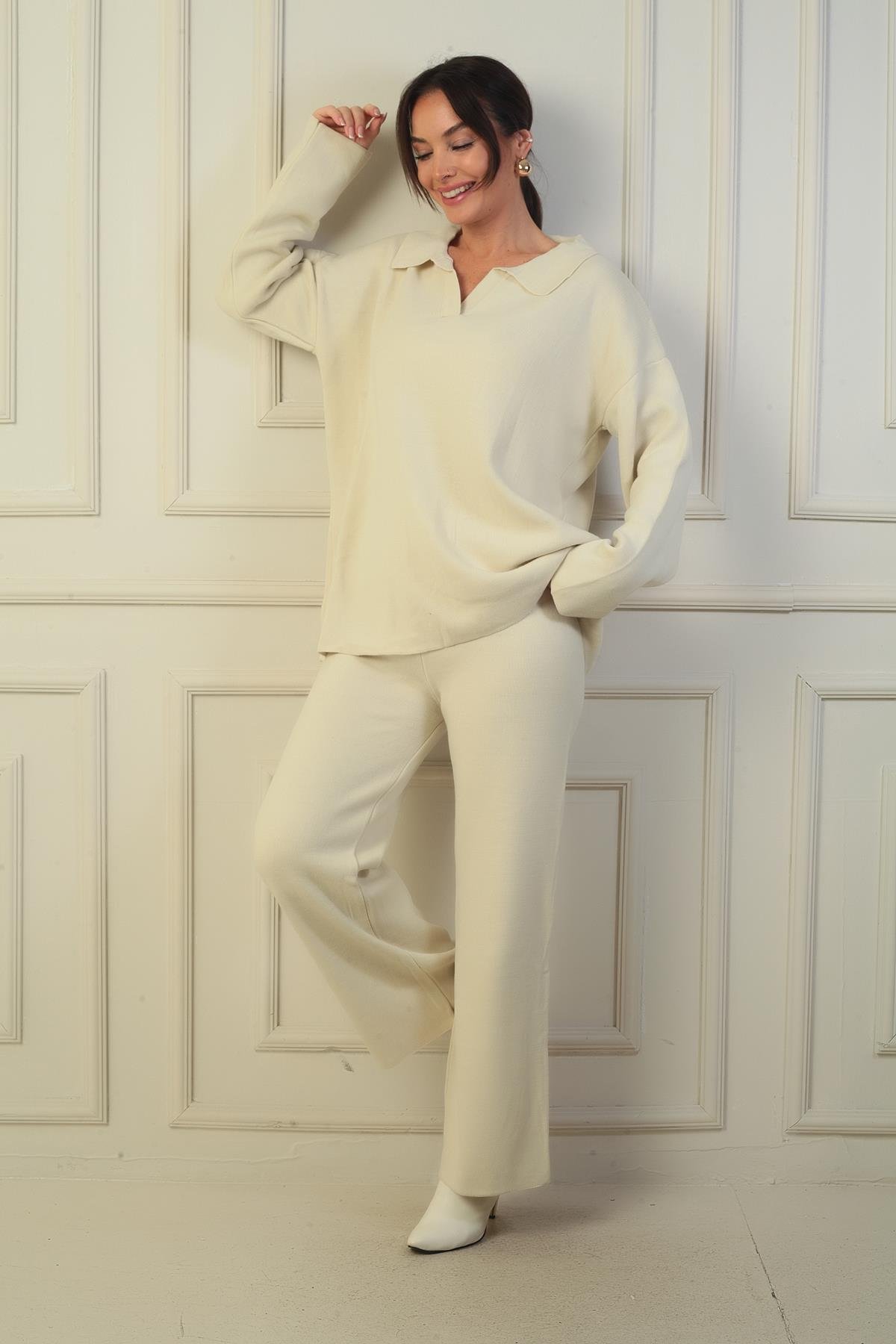 S-24Y0080001Polo Yaka Kazak Beli Lastikli Palazzo Pantolon Triko 2'li Takım