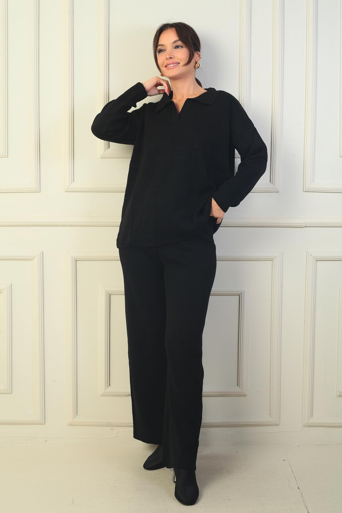 S-24Y0080001Polo Yaka Kazak Beli Lastikli Palazzo Pantolon Triko 2'li Takım