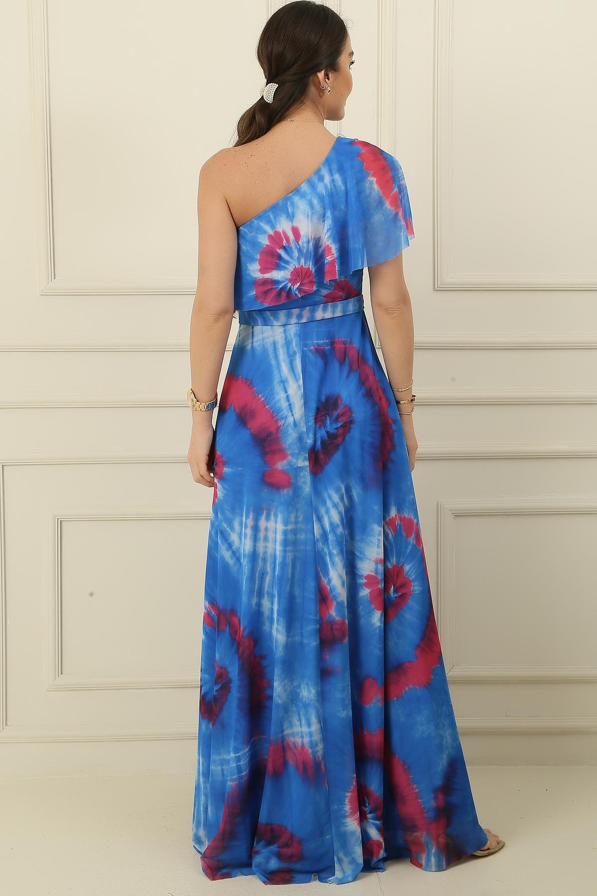 S-24Y0130001Tek Omuz Astarlı Yırtmaçlı Empirme Uzun Şifon Elbise