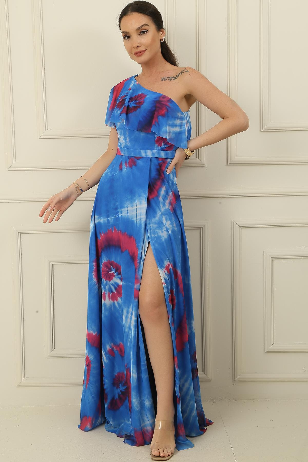 S-24Y0130001Tek Omuz Astarlı Yırtmaçlı Empirme Uzun Şifon Elbise