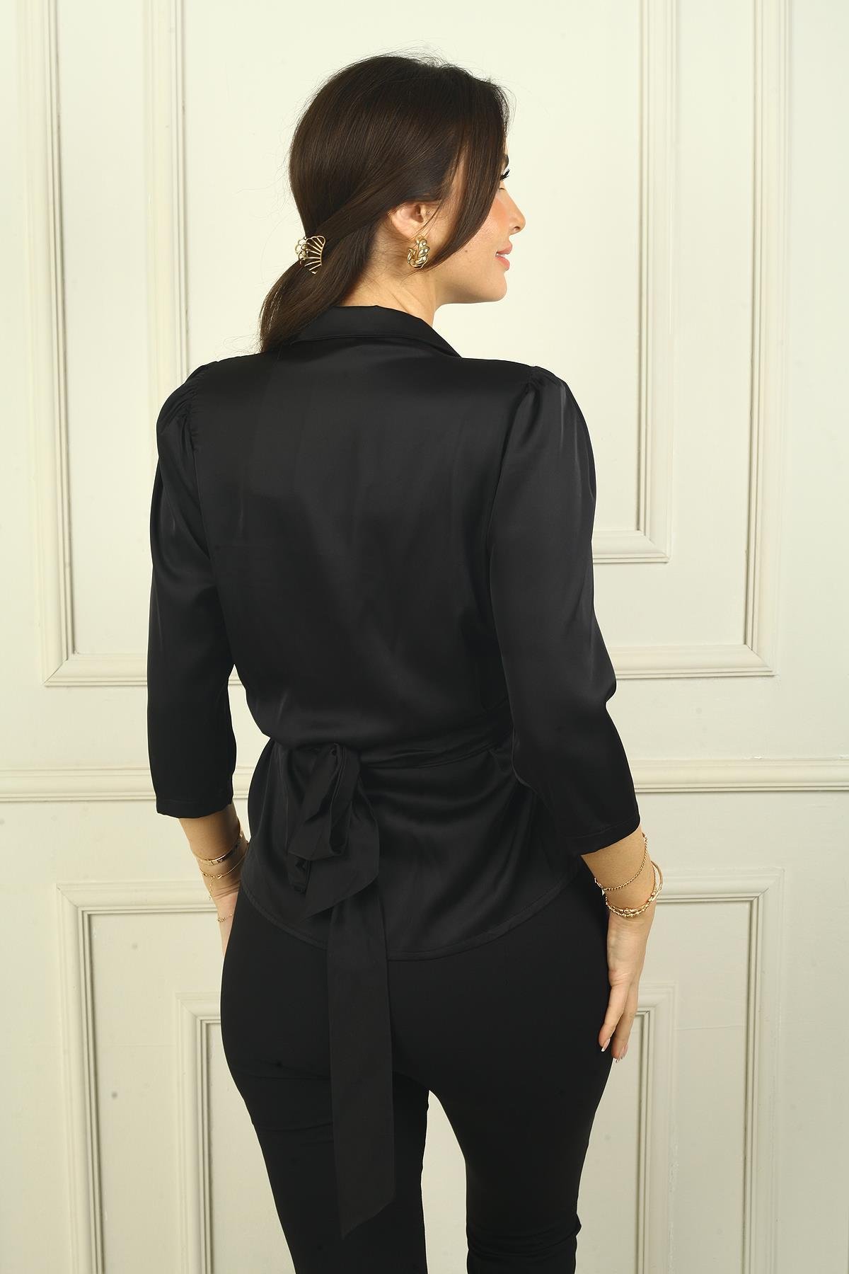 S-24Y0190005Kadın Tek Tarafı Pulpayet BeliBağcıklı Kısa Kollu Saten Bluz