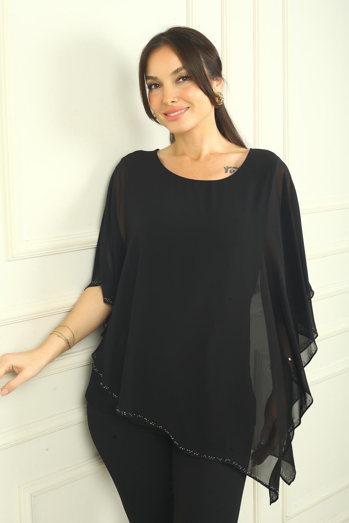 S-24Y0190006Kadın Üstü Şifon Boncuklu Asimetrik Bluz