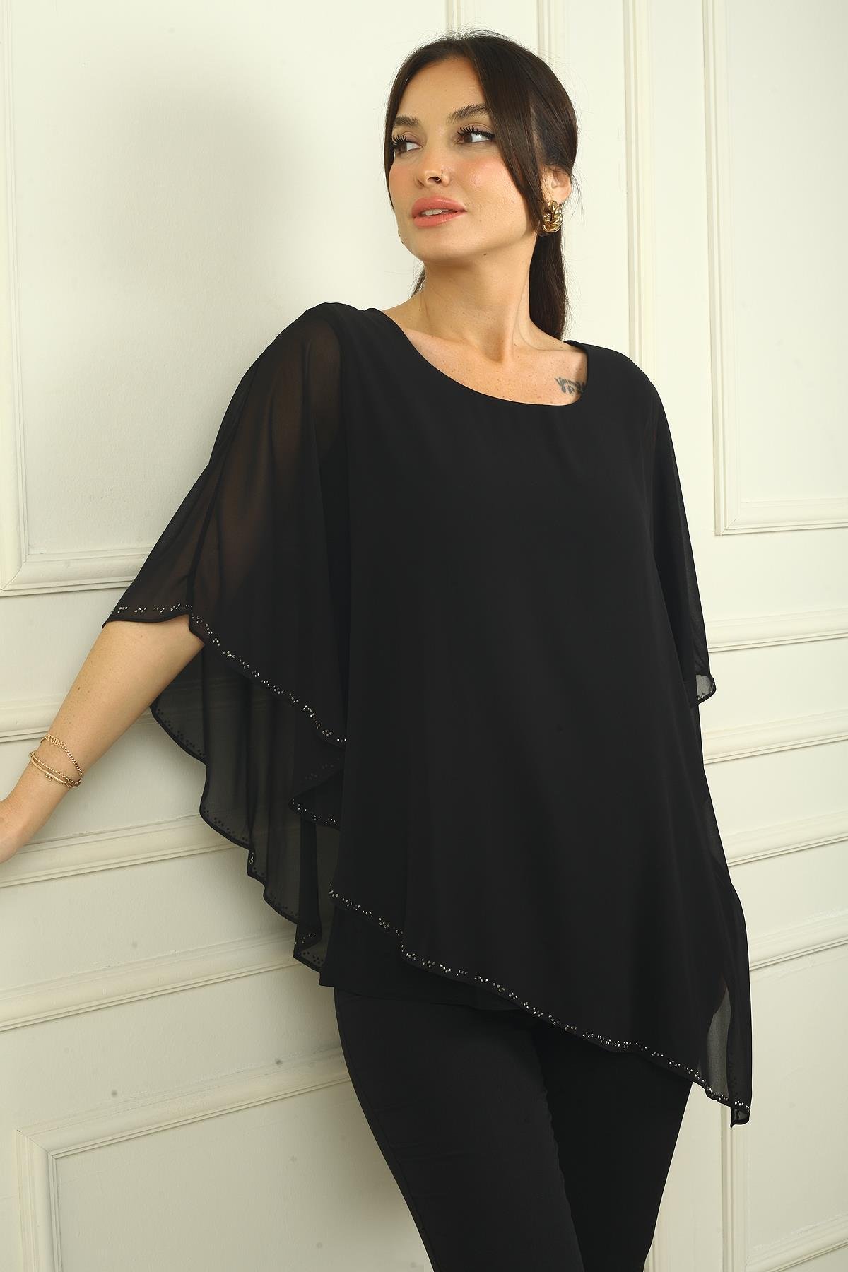S-24Y0190006Kadın Üstü Şifon Boncuklu Asimetrik Bluz