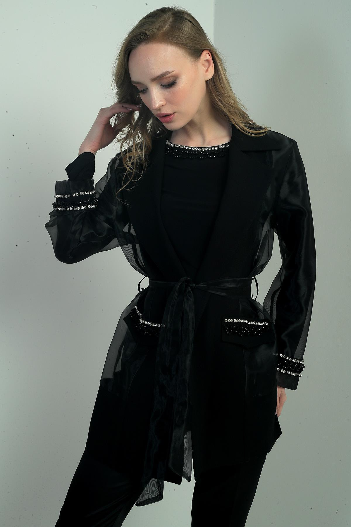 S-24Y0190009Kadın Organze Taş Boncuk Detaylı Kuşaklı Ceket Bluz 2'li Takım