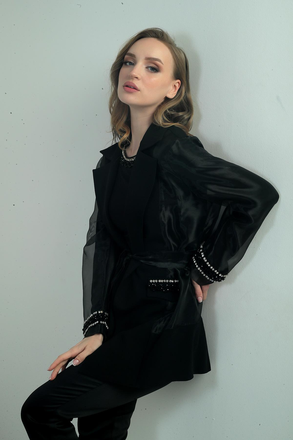 S-24Y0190009Kadın Organze Taş Boncuk Detaylı Kuşaklı Ceket Bluz 2'li Takım