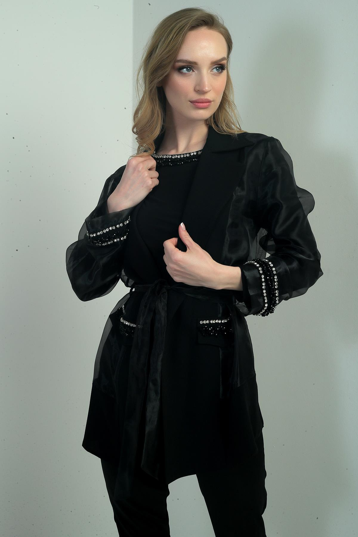 S-24Y0190009Kadın Organze Taş Boncuk Detaylı Kuşaklı Ceket Bluz 2'li Takım