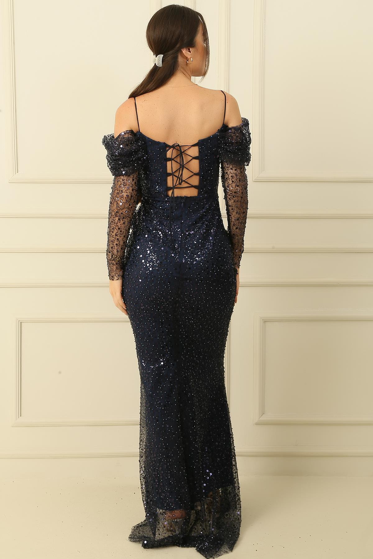 S-24Y0230009Boncuklu Straplez Astarlı Elbise