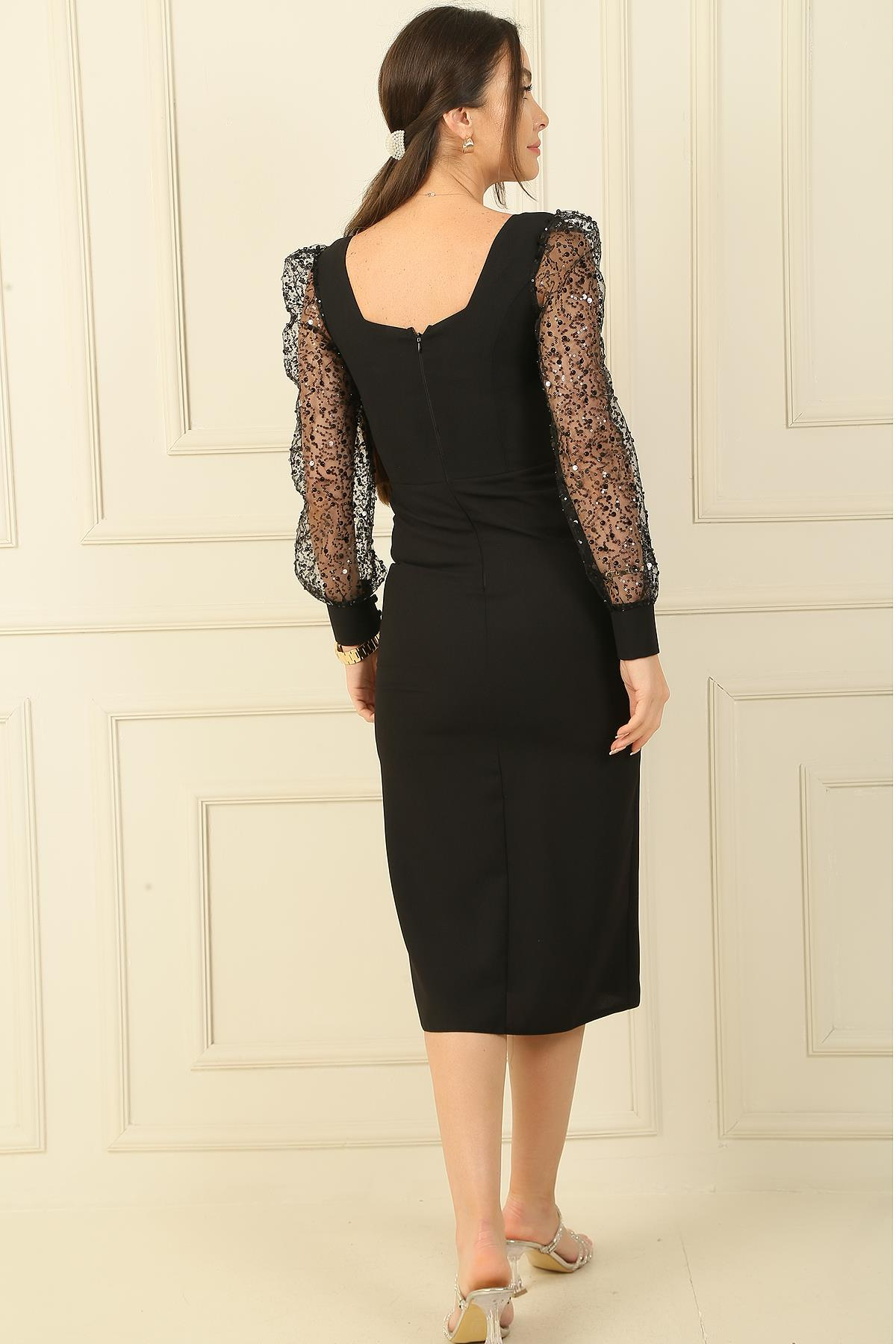 S-24Y0230013Kare Yaka Kolları Pulpayet Tüllü Elbise