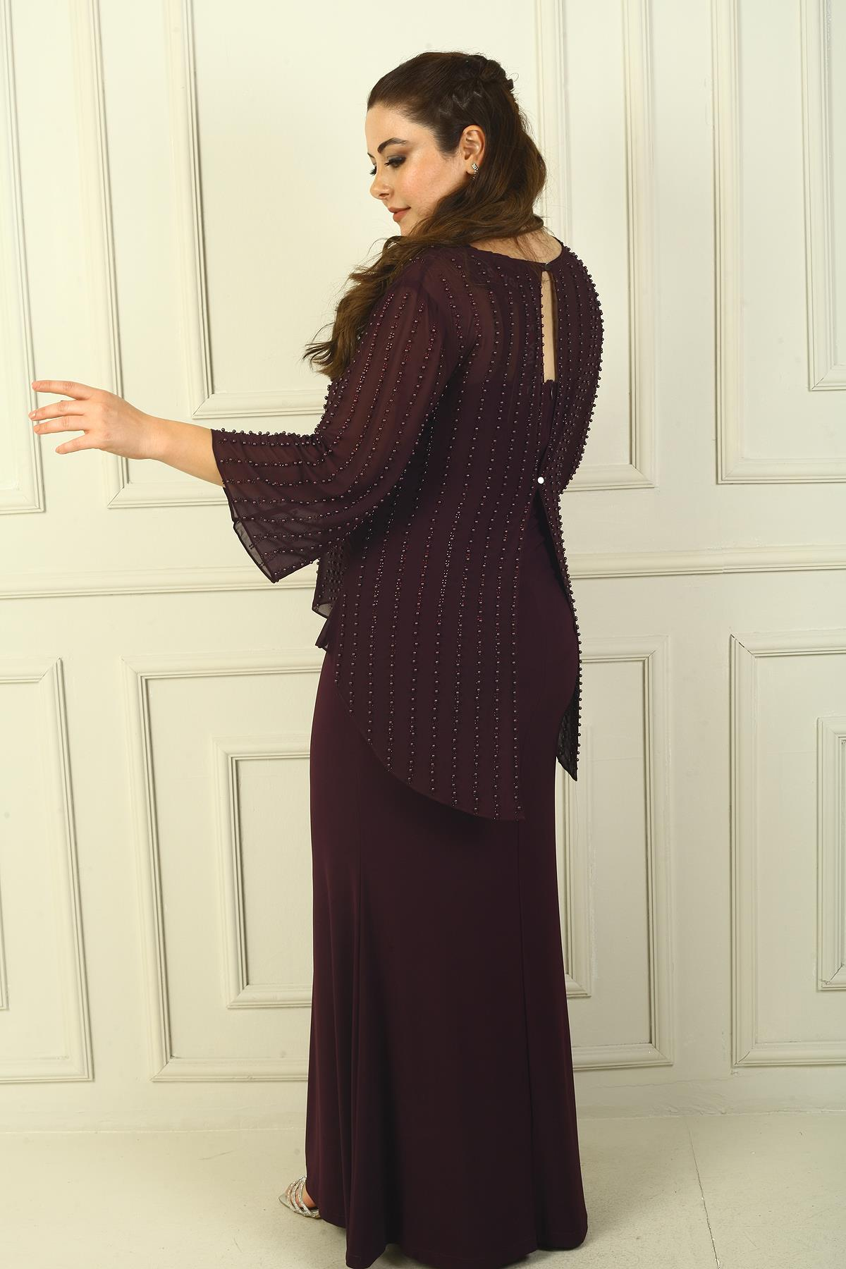 S-24Y0230022Lined Long Sandy Dress with Rope Straps on the Back, Buttons on the Back, Beaded Chiffon Blouse Plus Size 2-Piece Set