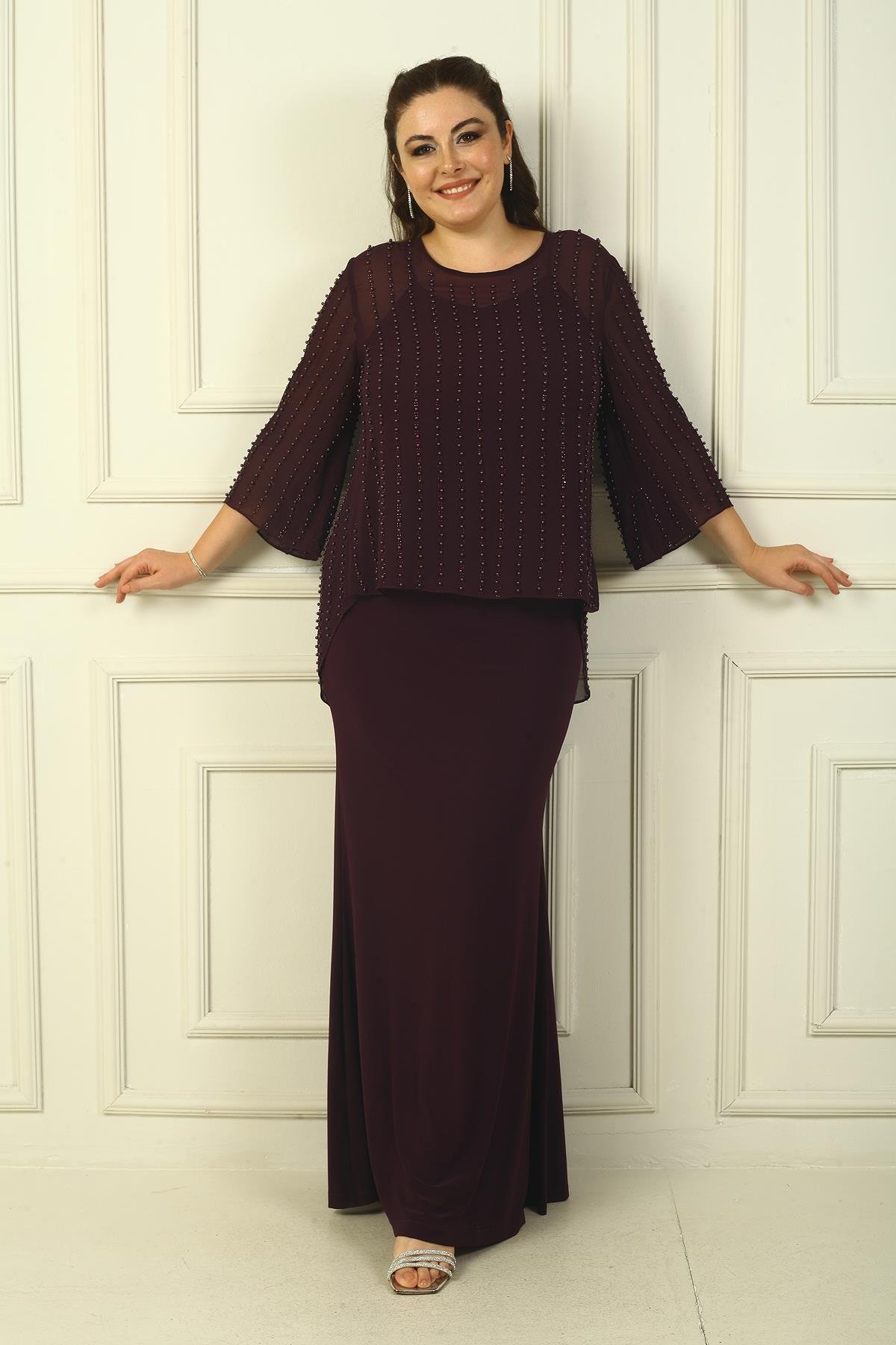 S-24Y0230022Lined Long Sandy Dress with Rope Straps on the Back, Buttons on the Back, Beaded Chiffon Blouse Plus Size 2-Piece Set