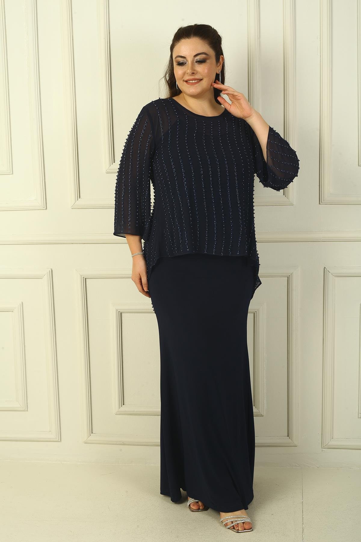 S-24Y0230022Lined Long Sandy Dress with Rope Straps on the Back, Buttons on the Back, Beaded Chiffon Blouse Plus Size 2-Piece Set