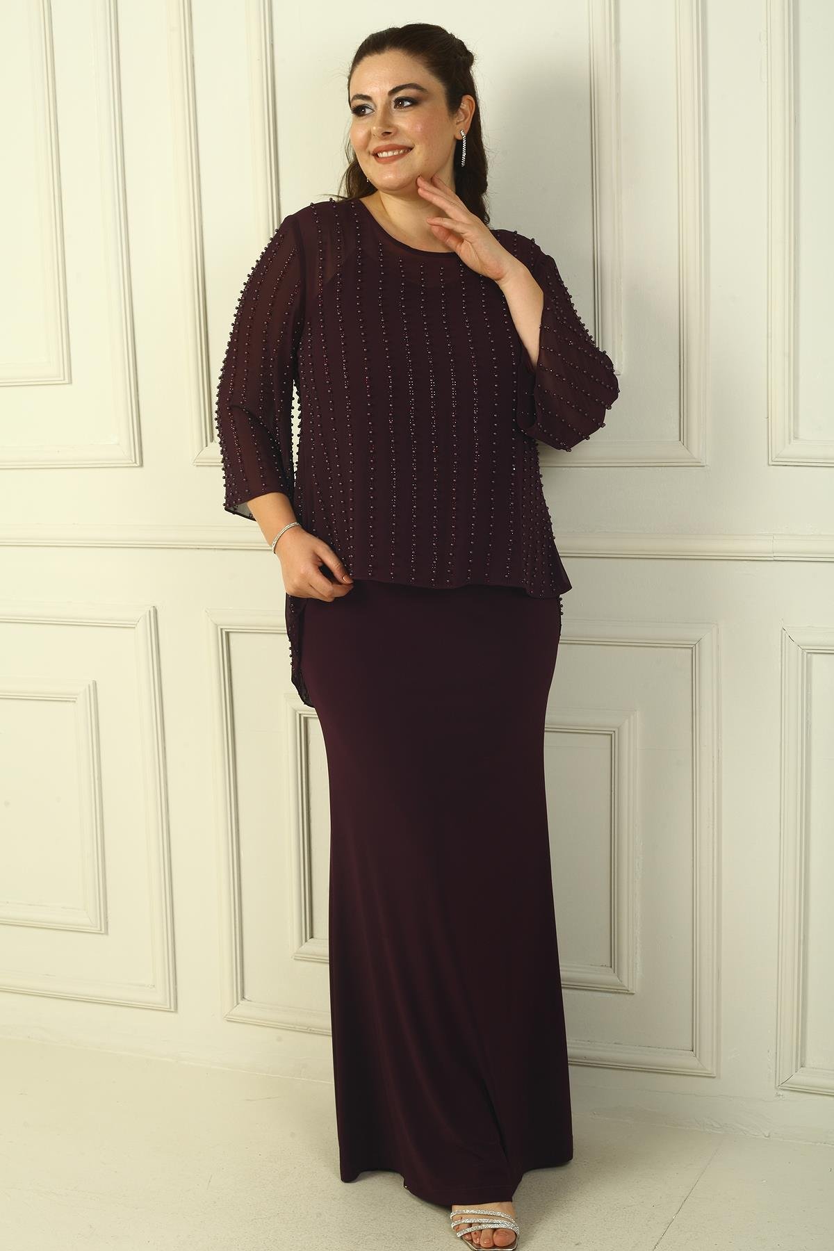 S-24Y0230022Lined Long Sandy Dress with Rope Straps on the Back, Buttons on the Back, Beaded Chiffon Blouse Plus Size 2-Piece Set