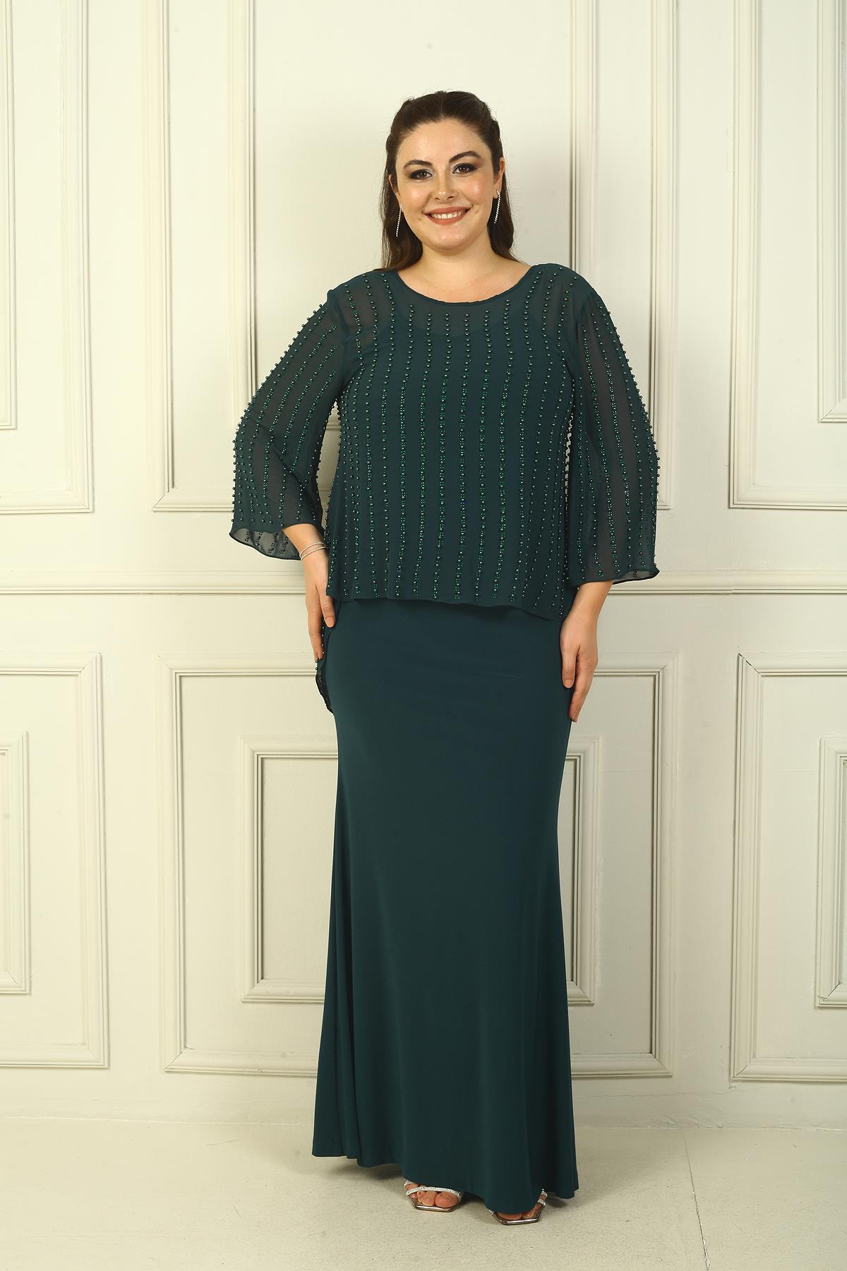 S-24Y0230022Lined Long Sandy Dress with Rope Straps on the Back, Buttons on the Back, Beaded Chiffon Blouse Plus Size 2-Piece Set