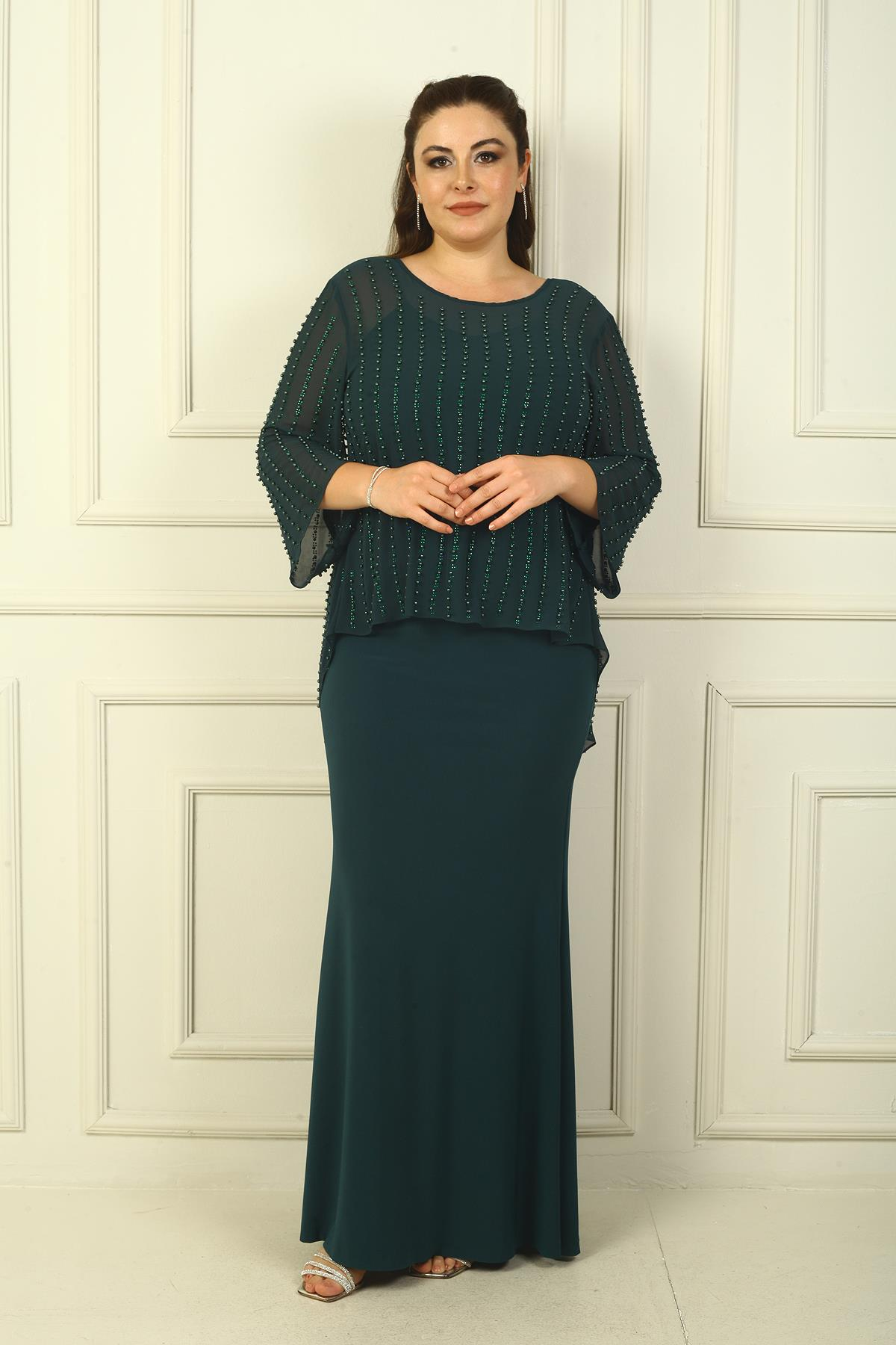 S-24Y0230022Lined Long Sandy Dress with Rope Straps on the Back, Buttons on the Back, Beaded Chiffon Blouse Plus Size 2-Piece Set