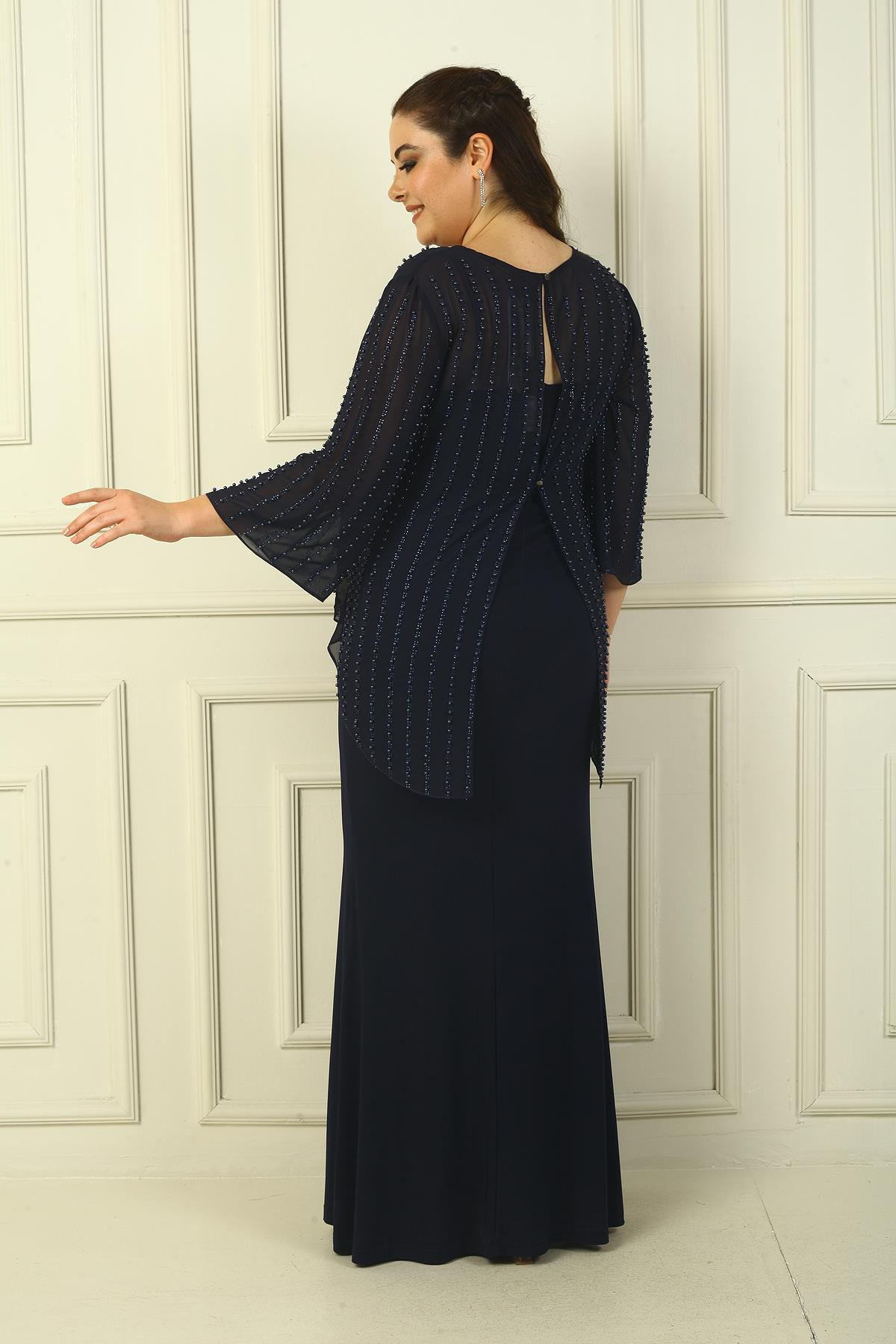 S-24Y0230022Lined Long Sandy Dress with Rope Straps on the Back, Buttons on the Back, Beaded Chiffon Blouse Plus Size 2-Piece Set