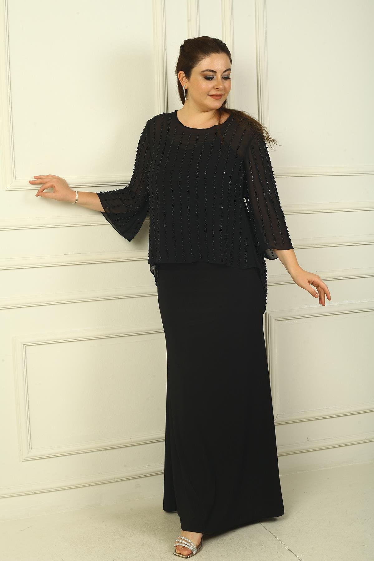 S-24Y0230022Lined Long Sandy Dress with Rope Straps on the Back, Buttons on the Back, Beaded Chiffon Blouse Plus Size 2-Piece Set