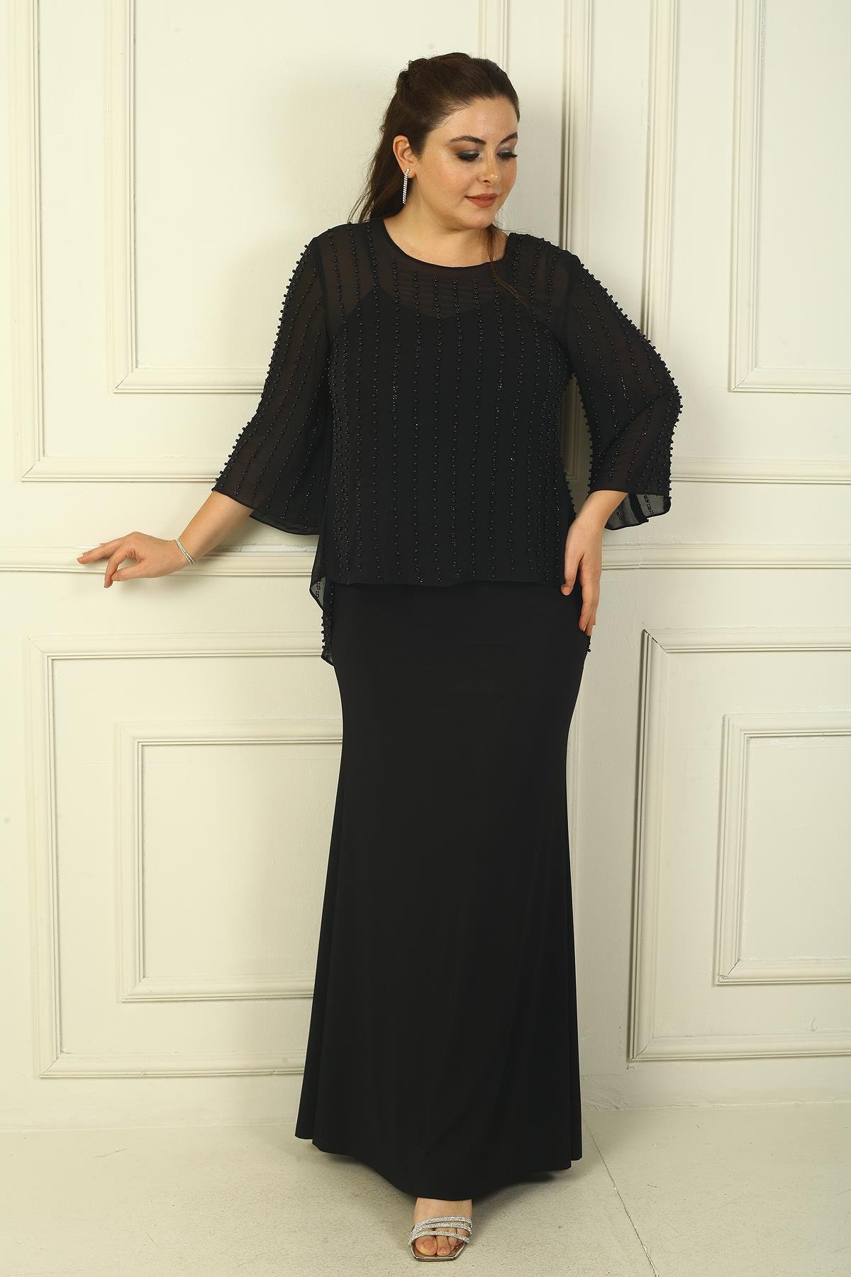 S-24Y0230022Lined Long Sandy Dress with Rope Straps on the Back, Buttons on the Back, Beaded Chiffon Blouse Plus Size 2-Piece Set