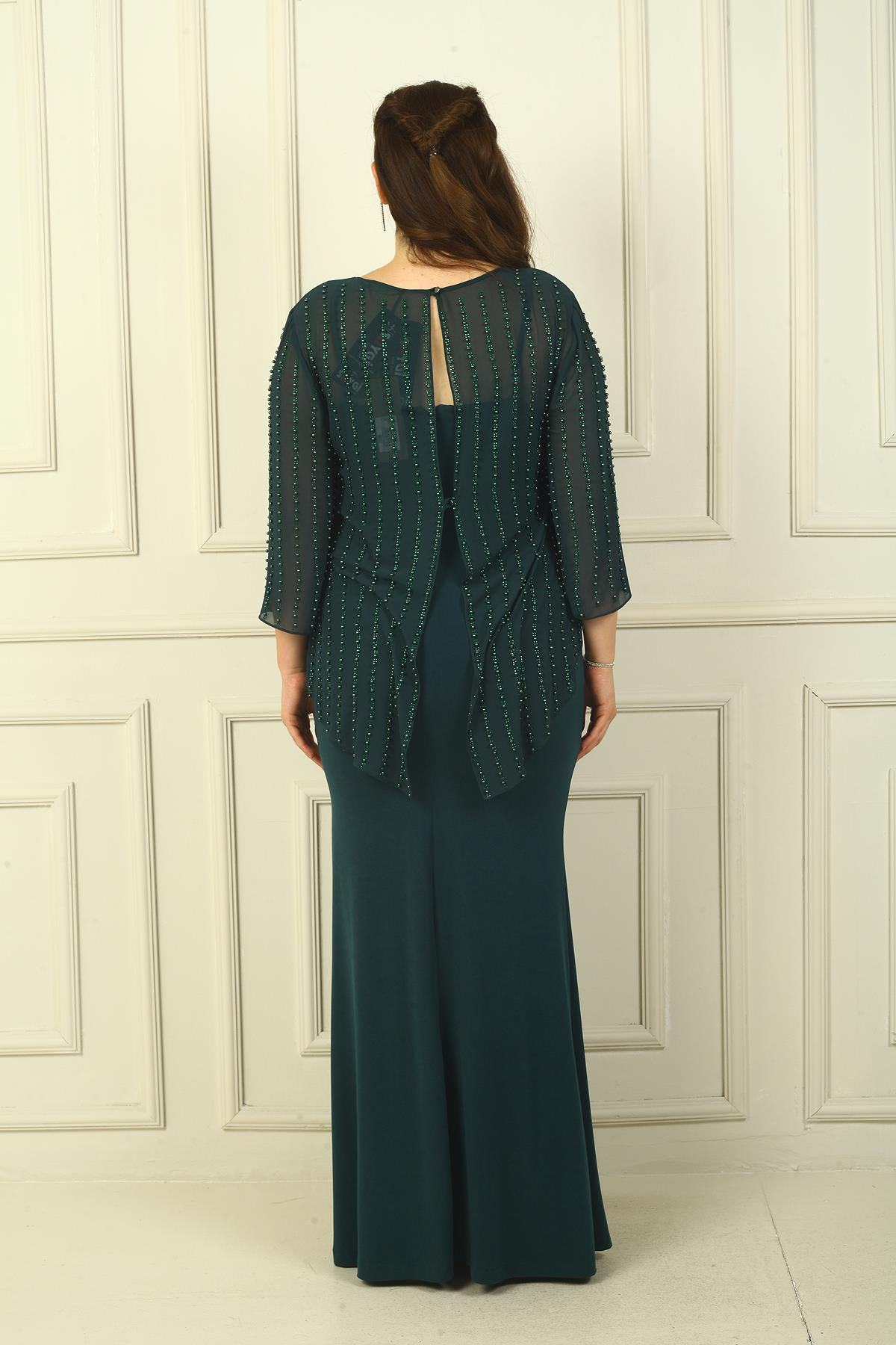 S-24Y0230022Lined Long Sandy Dress with Rope Straps on the Back, Buttons on the Back, Beaded Chiffon Blouse Plus Size 2-Piece Set