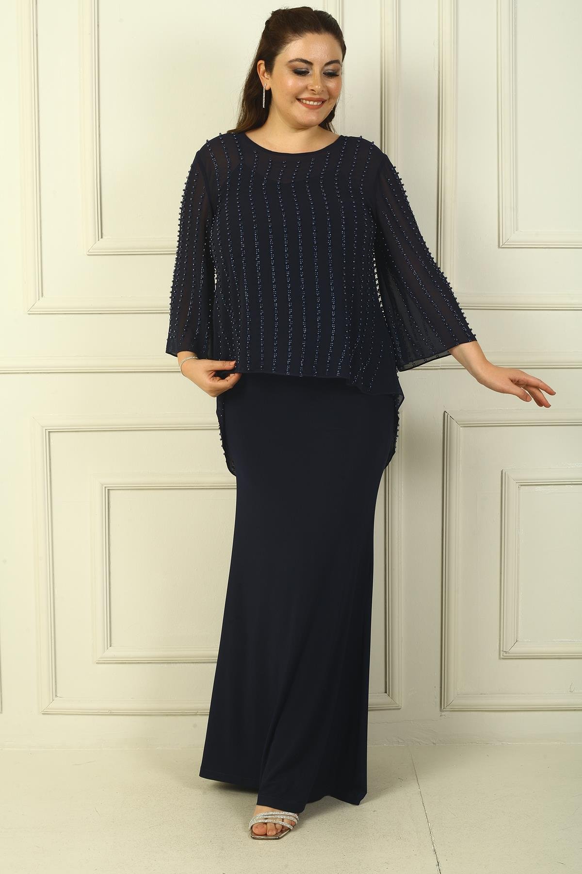 S-24Y0230022Lined Long Sandy Dress with Rope Straps on the Back, Buttons on the Back, Beaded Chiffon Blouse Plus Size 2-Piece Set