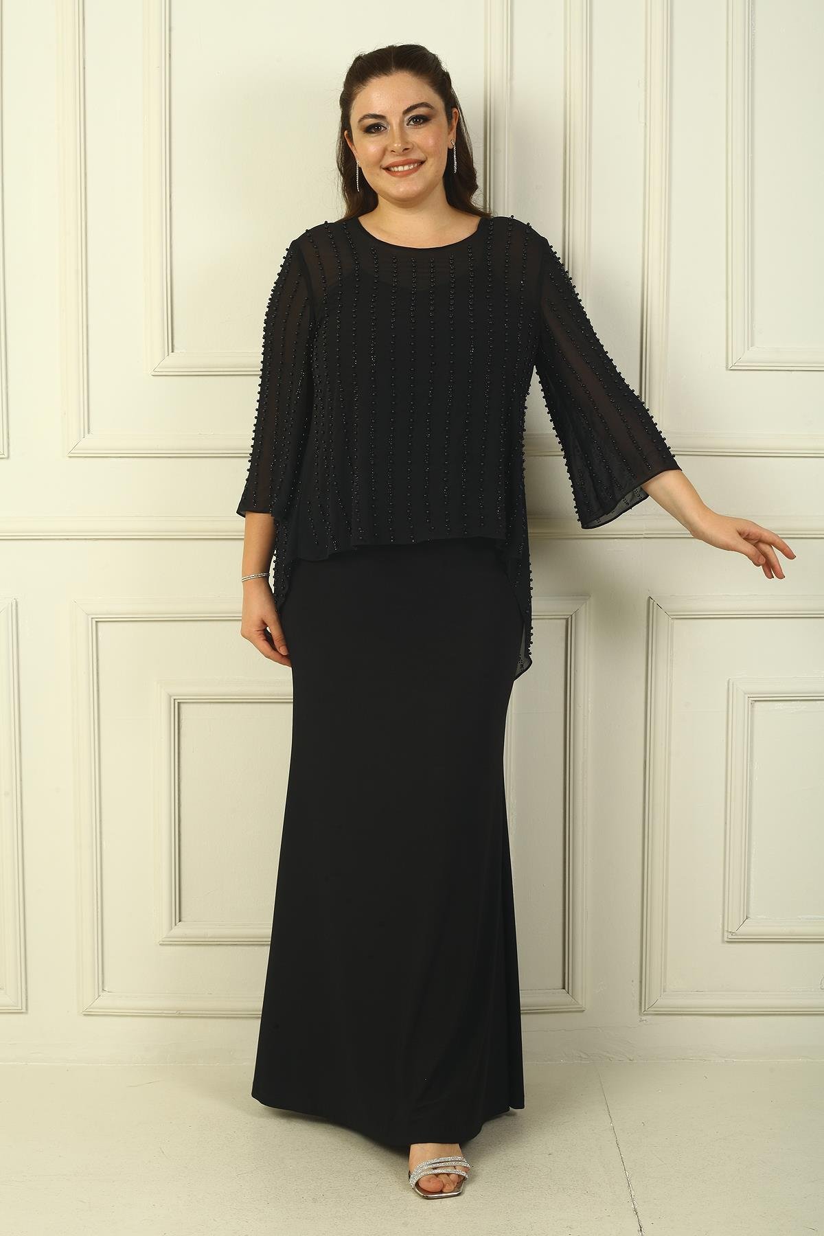 S-24Y0230022Lined Long Sandy Dress with Rope Straps on the Back, Buttons on the Back, Beaded Chiffon Blouse Plus Size 2-Piece Set