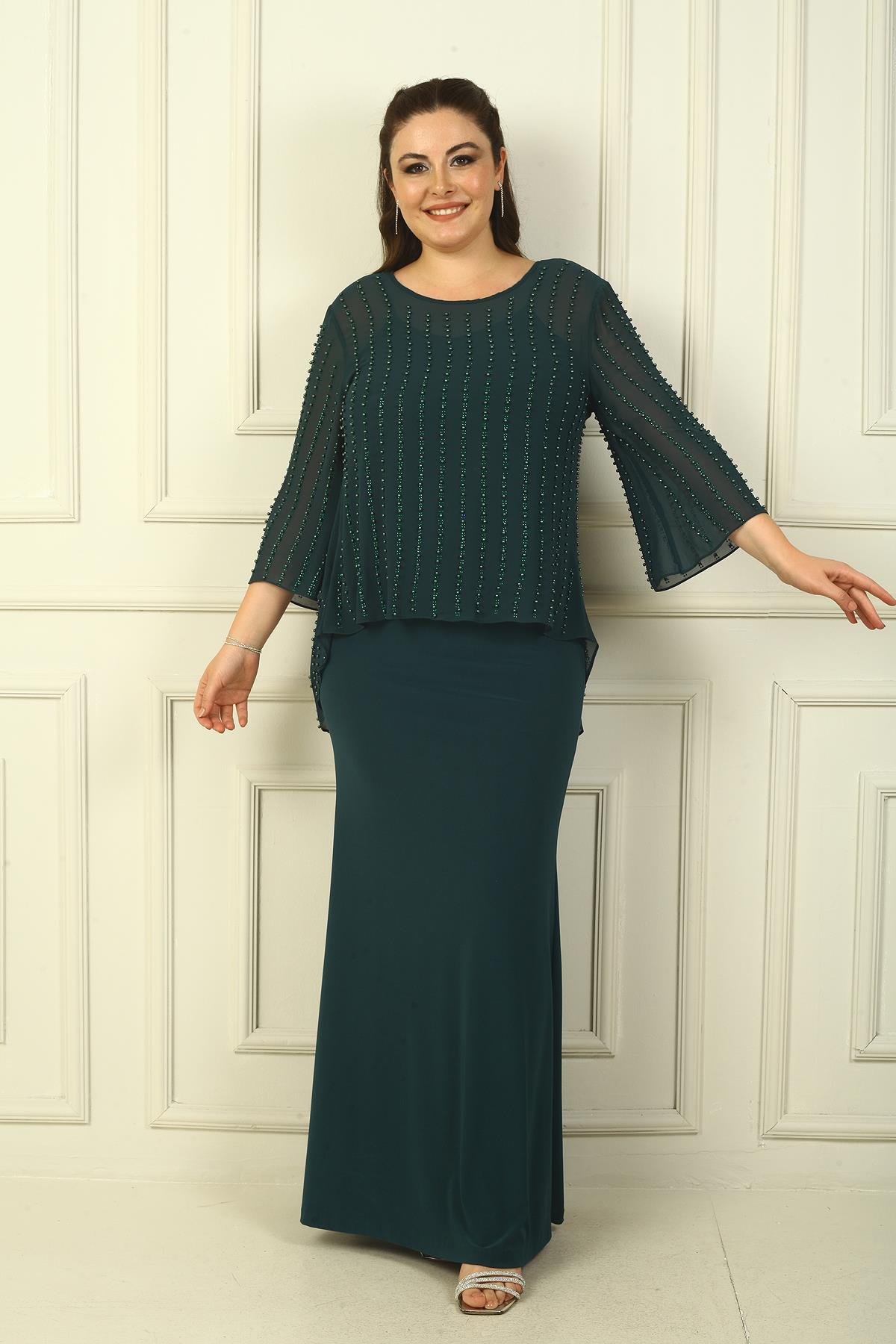 S-24Y0230022Lined Long Sandy Dress with Rope Straps on the Back, Buttons on the Back, Beaded Chiffon Blouse Plus Size 2-Piece Set