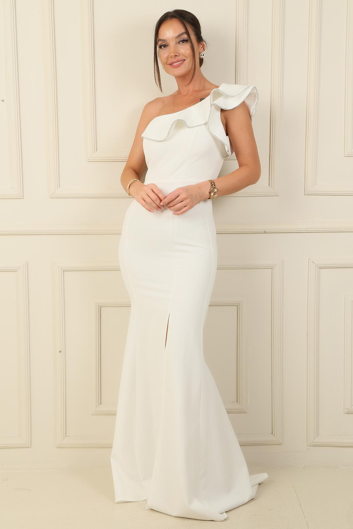 S-24Y0230024Tek Omuz Şerit Taşlı Eteği Yırtmaçlı Astarlı Uzun Krep Abiye Elbise