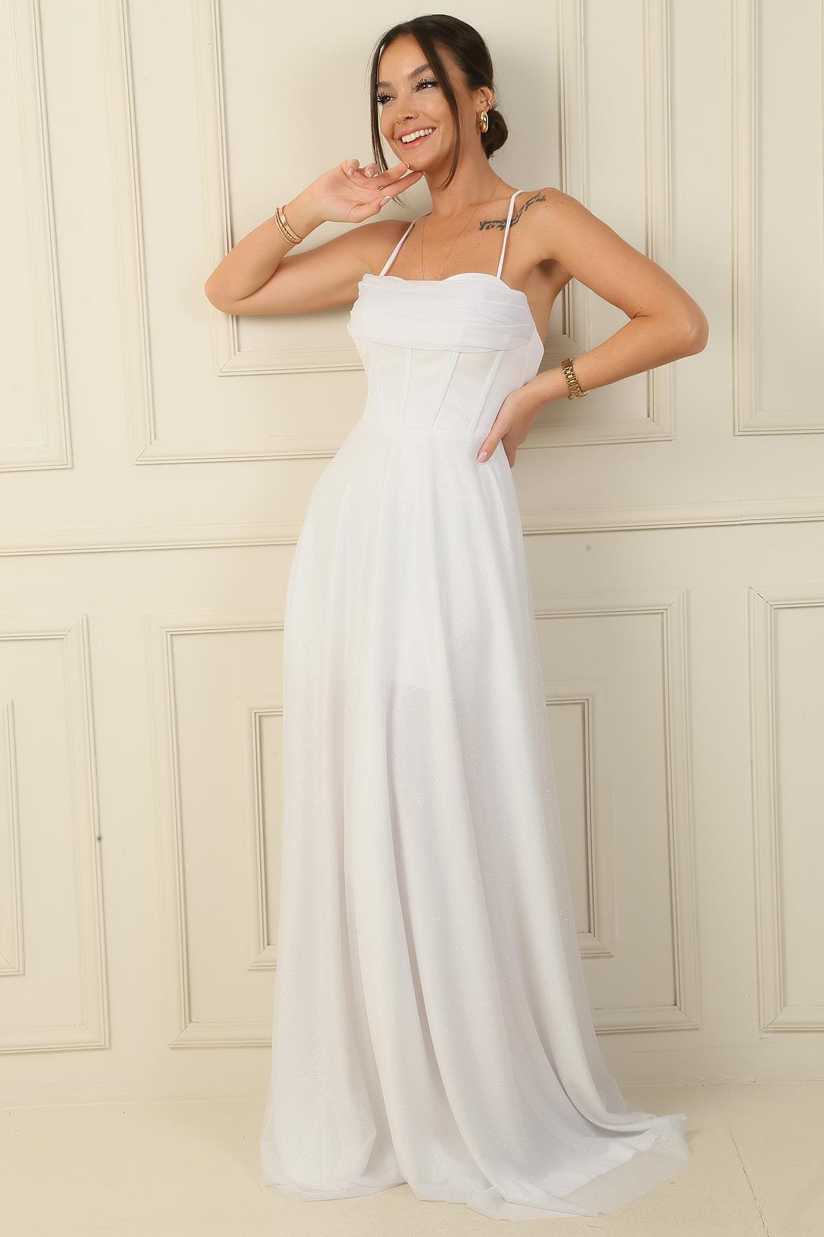 S-24Y0230025İp Askılı Balenli Üstü Drapeli Astarlı Tül Simli Uzun Abiye Elbise