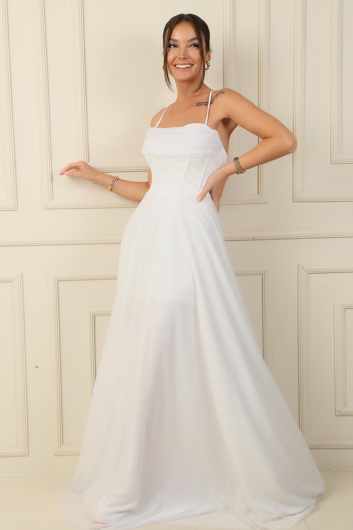 S-24Y0230025İp Askılı Balenli Üstü Drapeli Astarlı Tül Simli Uzun Abiye Elbise