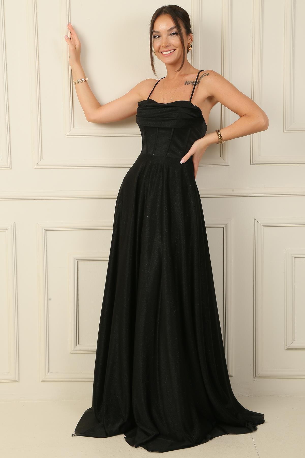 S-24Y0230025Rope Strap Underwire Top Draped Lined Tulle Glitter Long Evening Dress