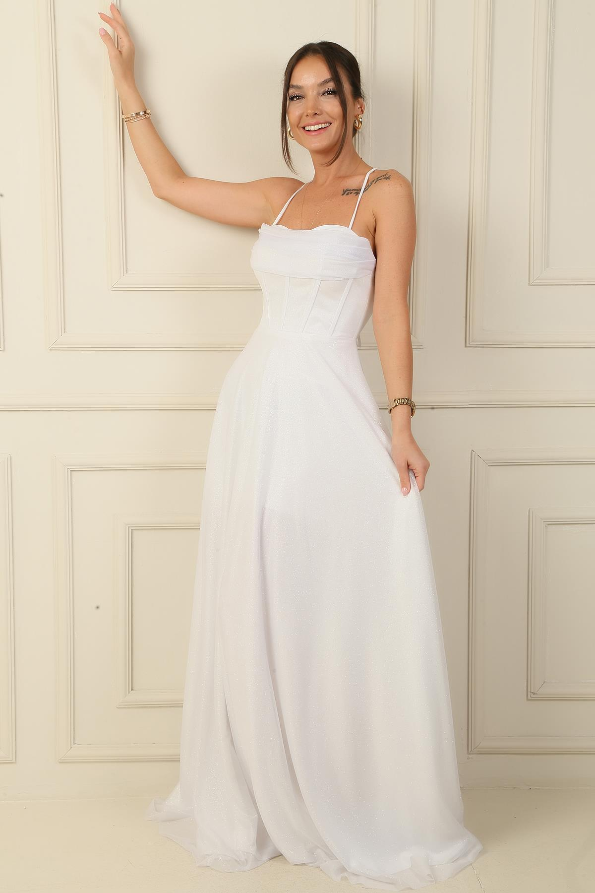 S-24Y0230025İp Askılı Balenli Üstü Drapeli Astarlı Tül Simli Uzun Abiye Elbise