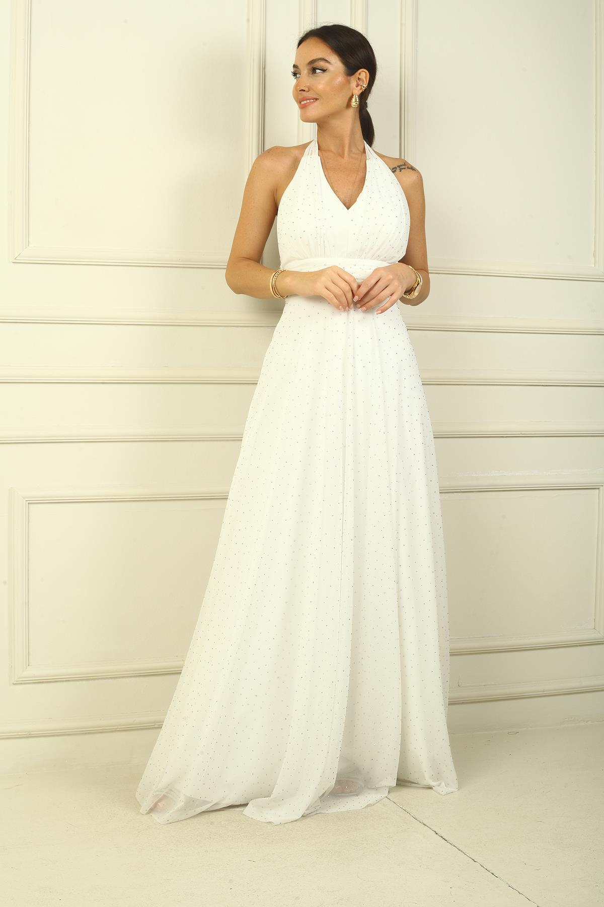 S-24Y0230037Boyundan Bağlamalı Taş Yapıştırmalı Astarlı Uzun Tül Elbise