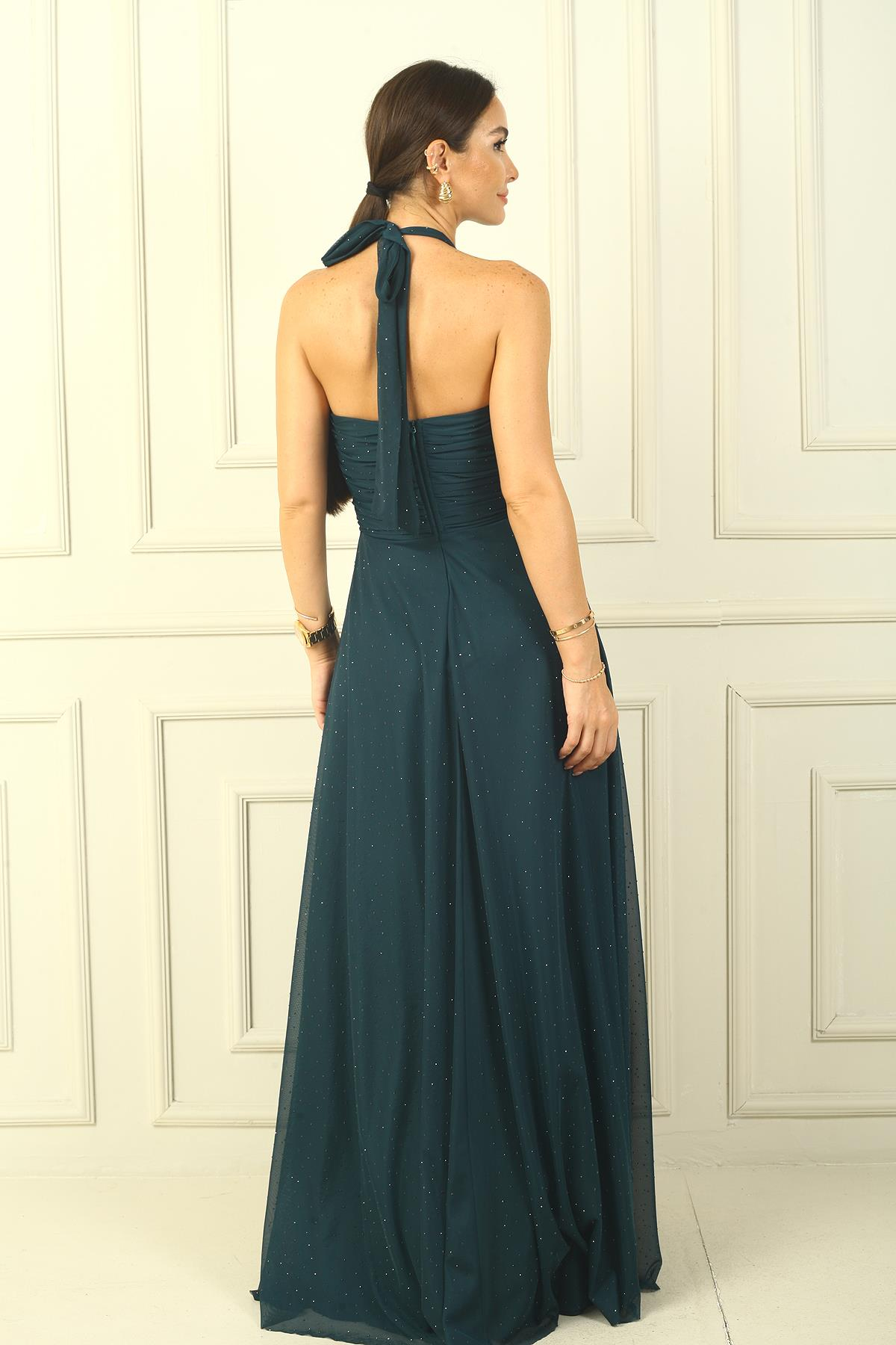 S-24Y0230037Boyundan Bağlamalı Taş Yapıştırmalı Astarlı Uzun Tül Elbise