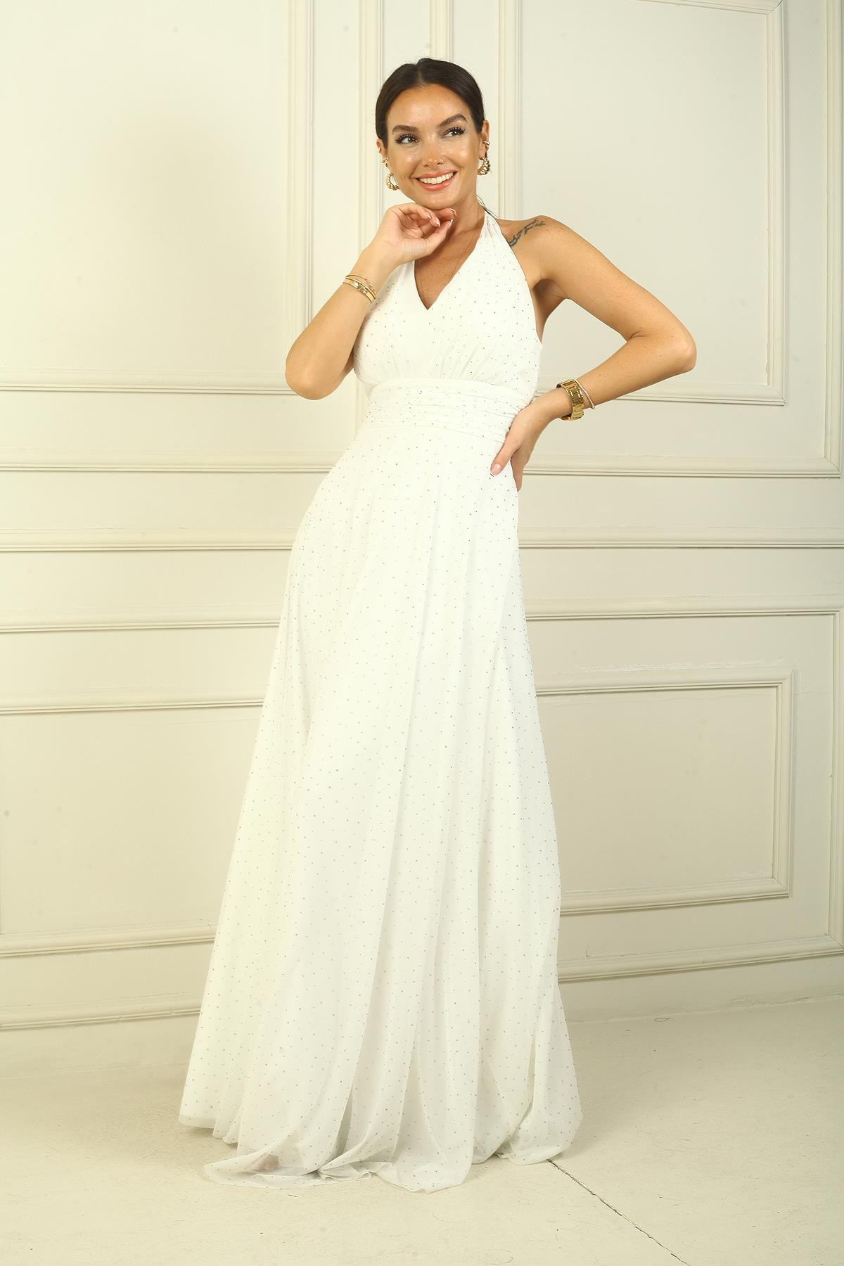 S-24Y0230037Boyundan Bağlamalı Taş Yapıştırmalı Astarlı Uzun Tül Elbise