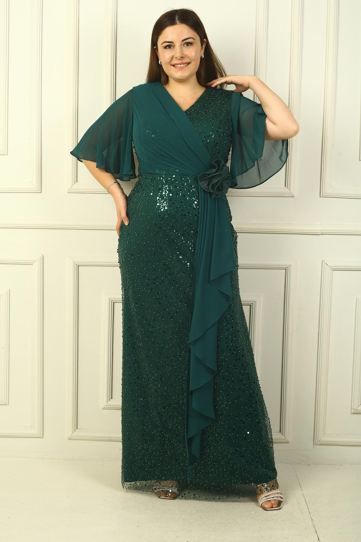 S-24Y0230038Kadın Boncuk Ve Pullu Üstü Şifon Astarlı B.B. Uzun Elbise