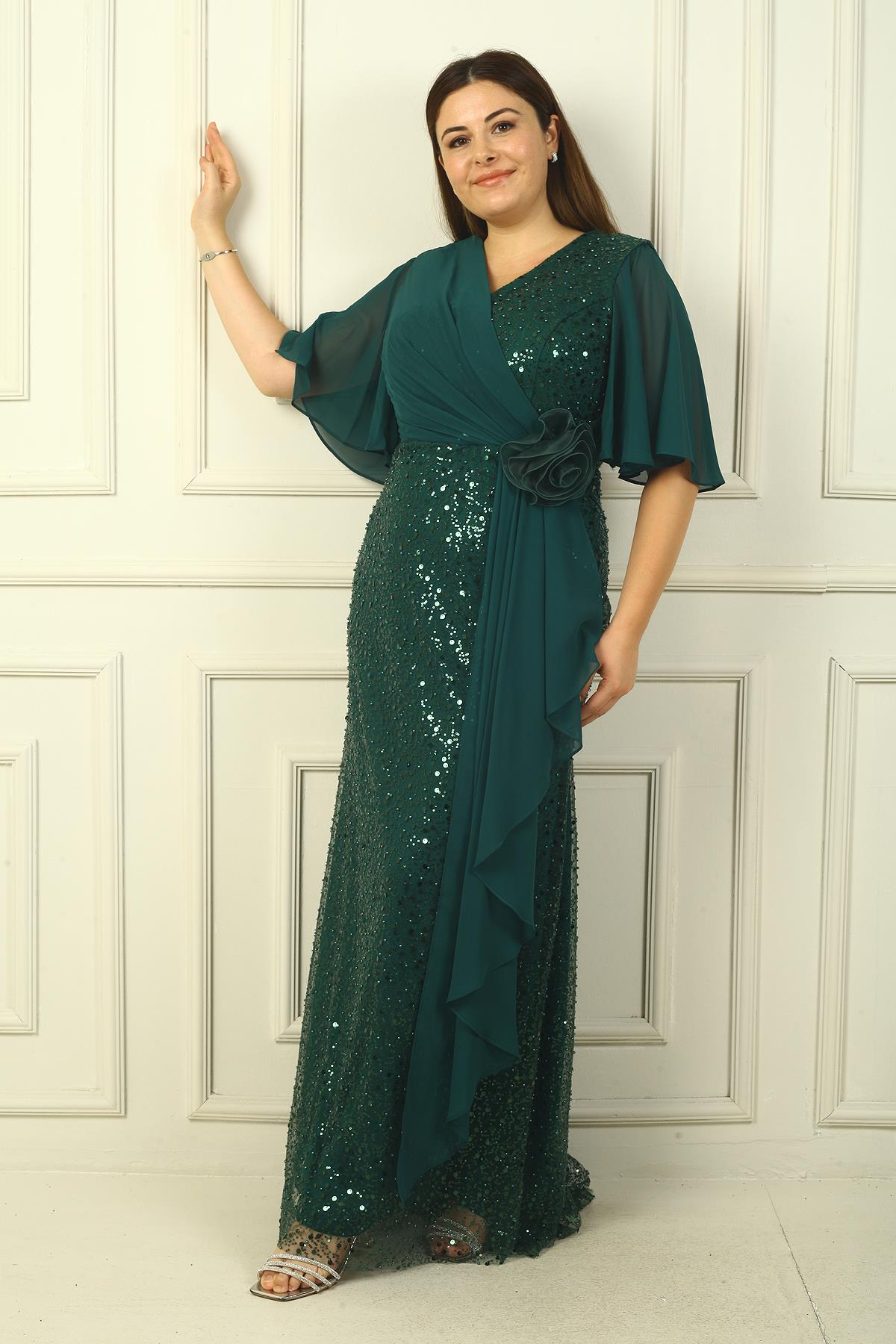 S-24Y0230038Kadın Boncuk Ve Pullu Üstü Şifon Astarlı B.B. Uzun Elbise