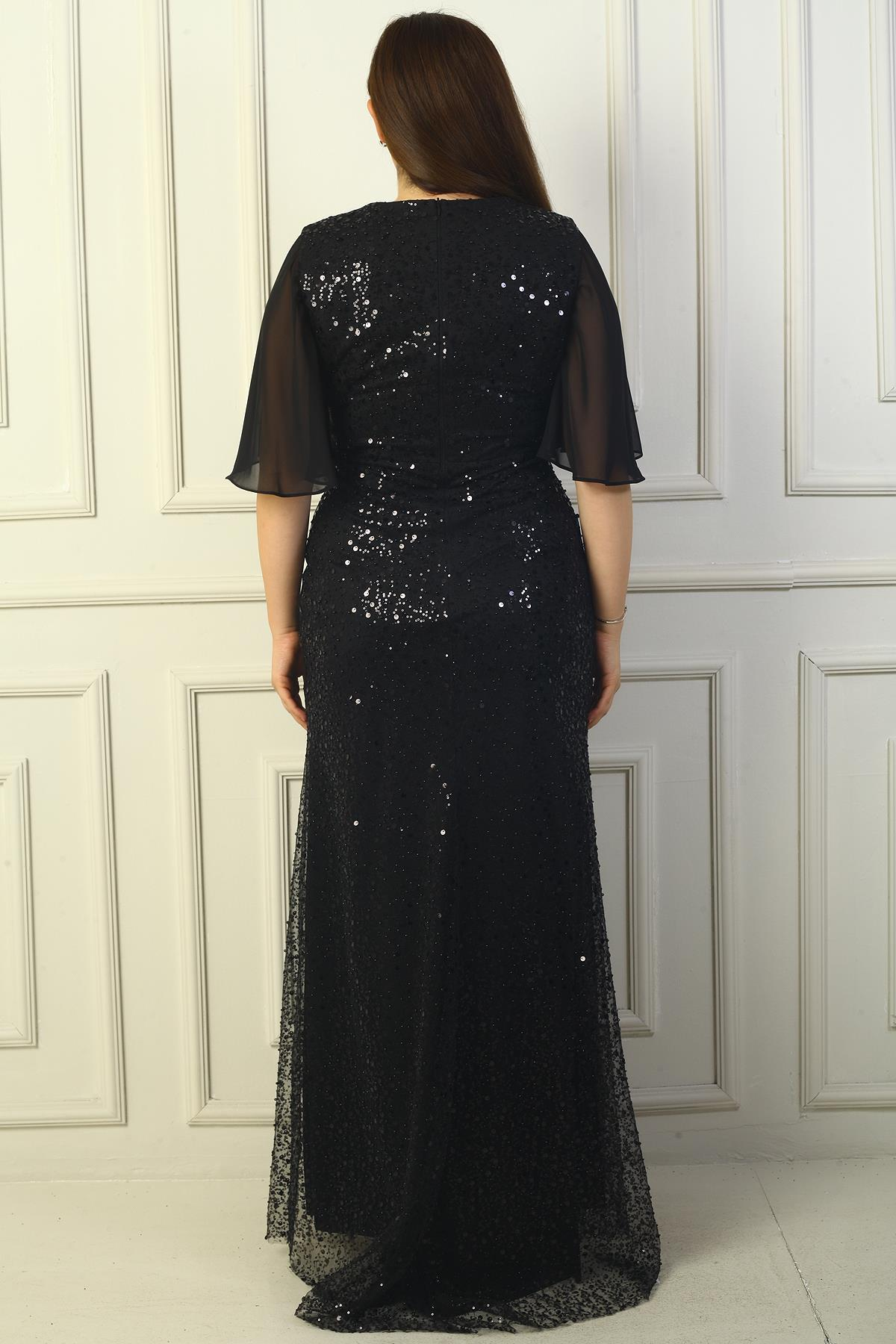 S-24Y0230038Kadın Boncuk Ve Pullu Üstü Şifon Astarlı B.B. Uzun Elbise