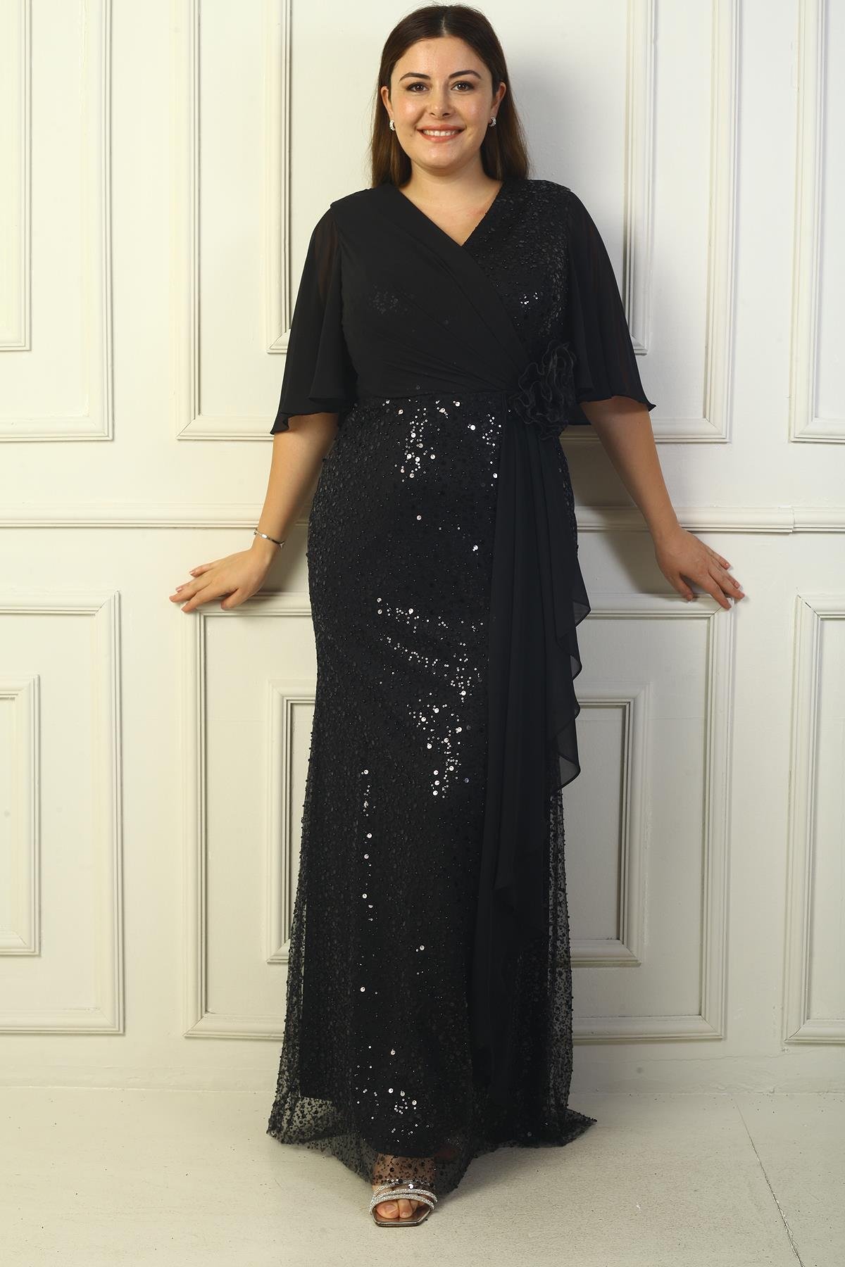 S-24Y0230038Kadın Boncuk Ve Pullu Üstü Şifon Astarlı B.B. Uzun Elbise