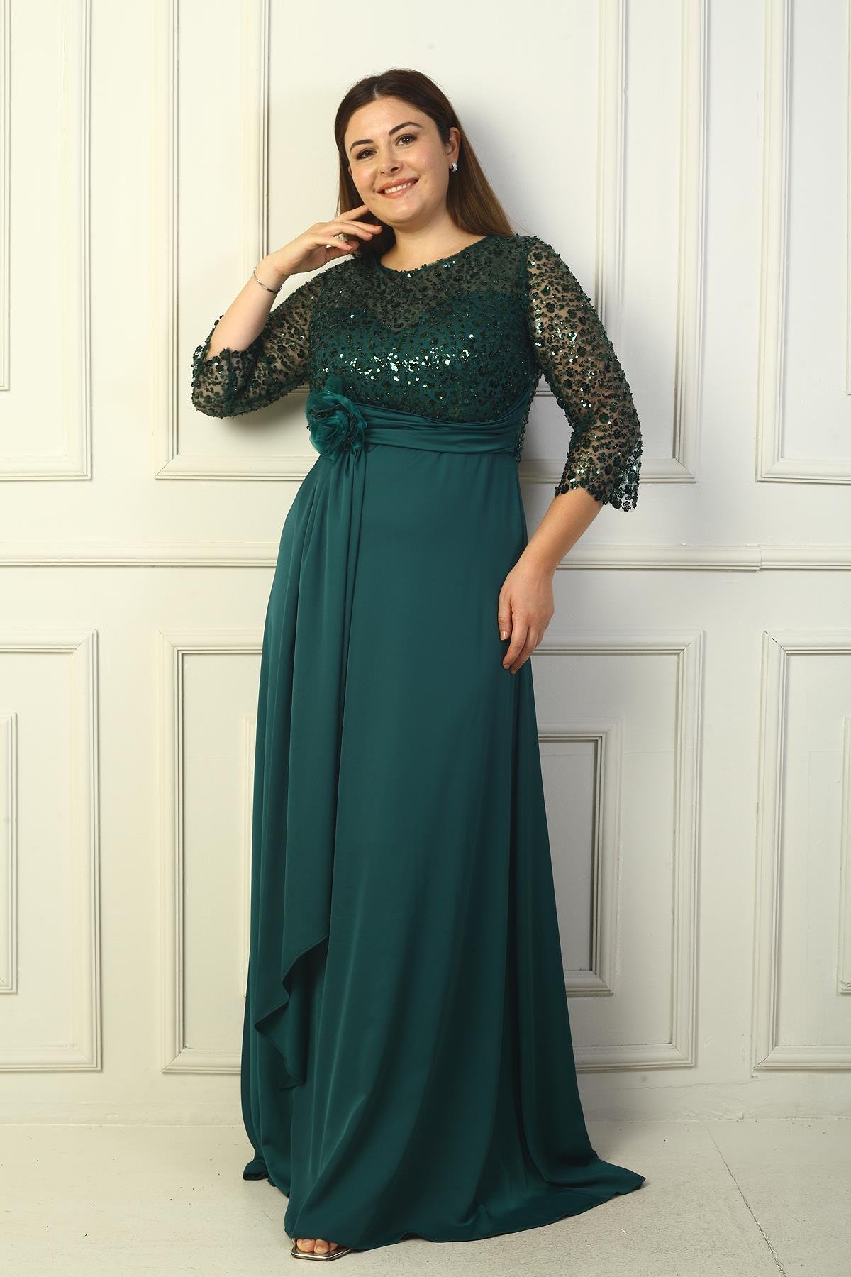 S-24Y0230039KadınÇiçekli Altı Saten Üstü Gritel Astarlı B.B. Uzun Elbise