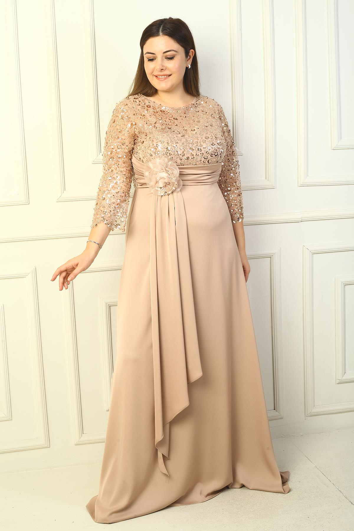 S-24Y0230039KadınÇiçekli Altı Saten Üstü Gritel Astarlı B.B. Uzun Elbise