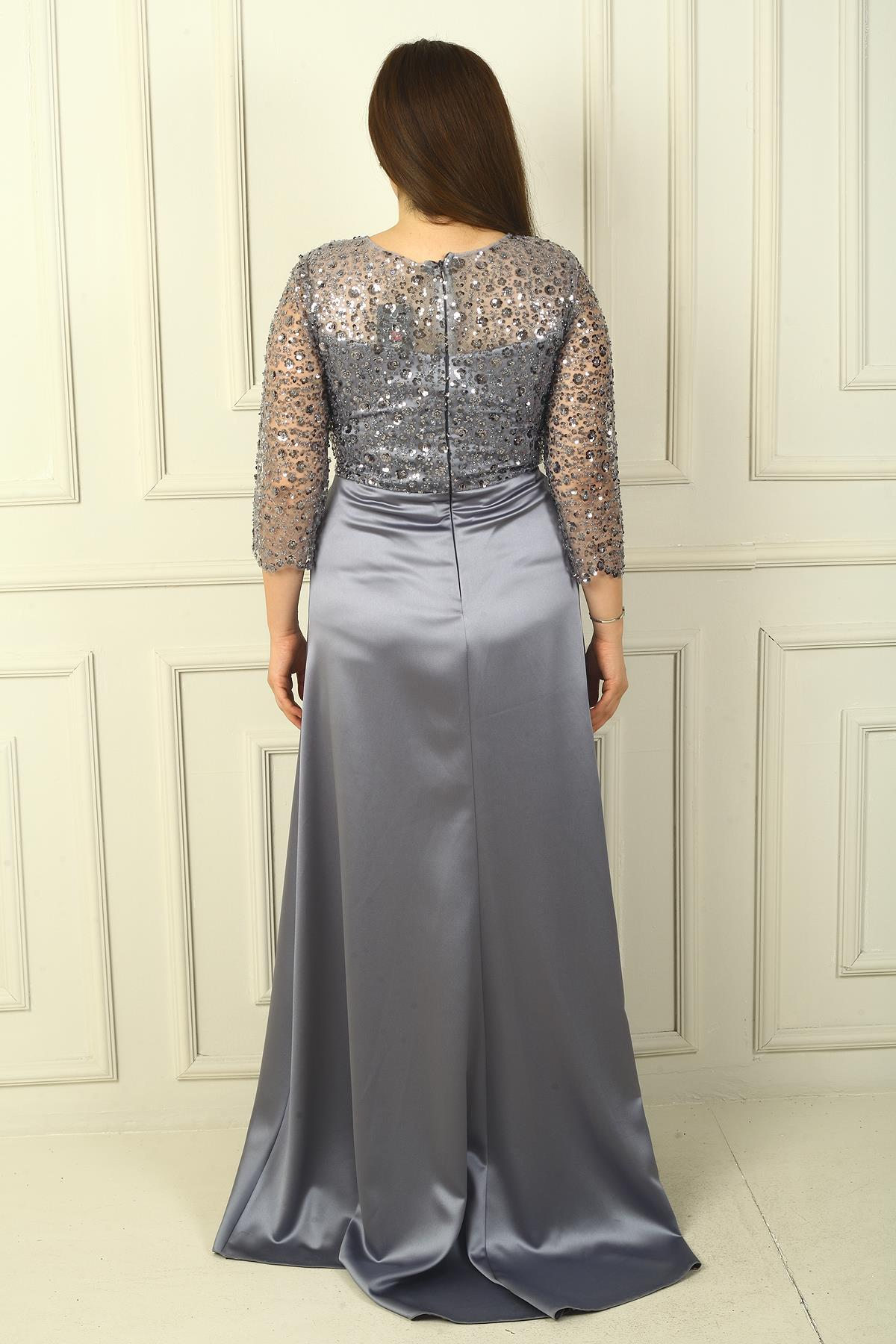 S-24Y0230039KadınÇiçekli Altı Saten Üstü Gritel Astarlı B.B. Uzun Elbise